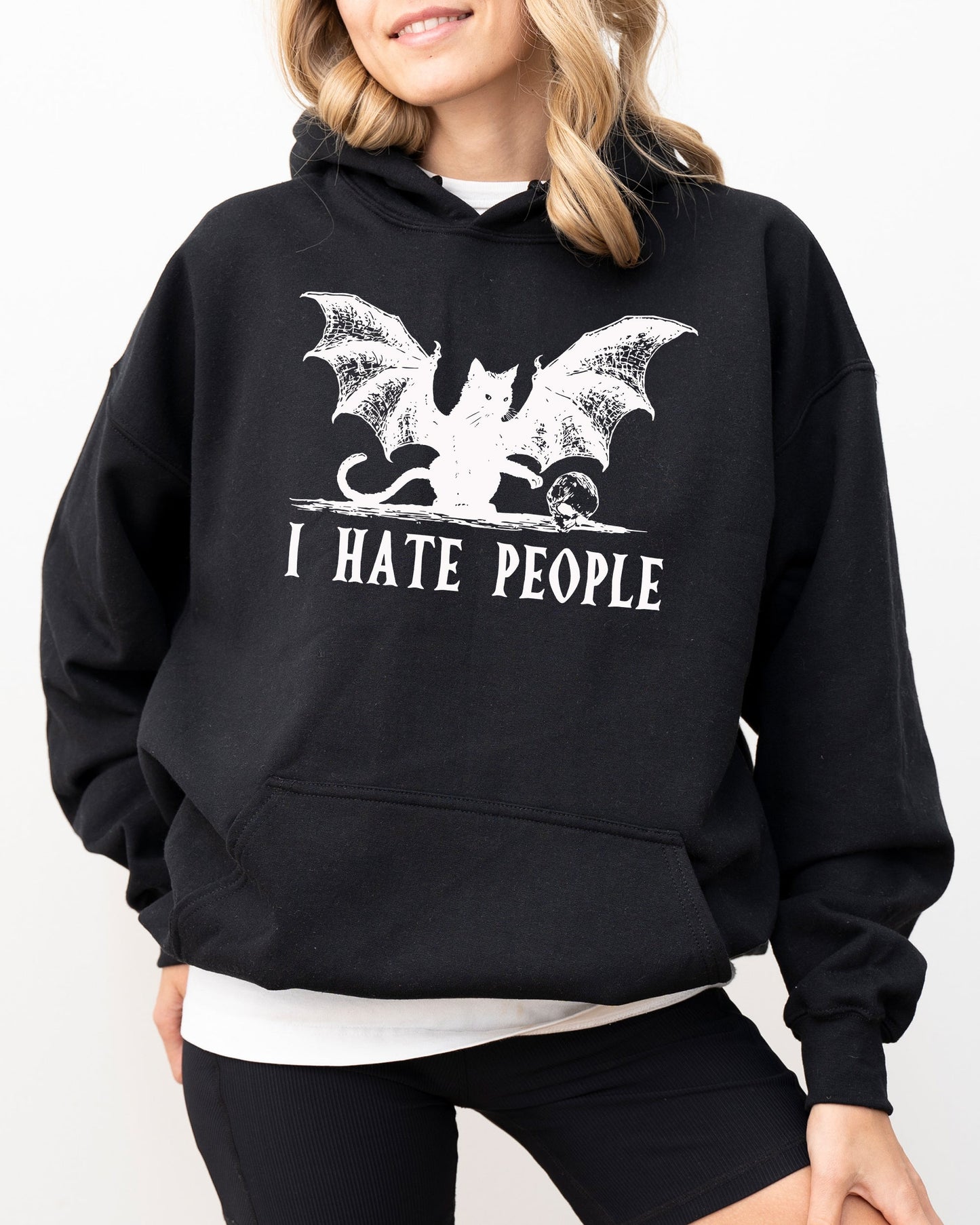 I Hate People Bat Skeleton Funny Ghost Spooky Witch Aesthetic Meme Halloween Costume Hoodie Hooded Sweatshirt