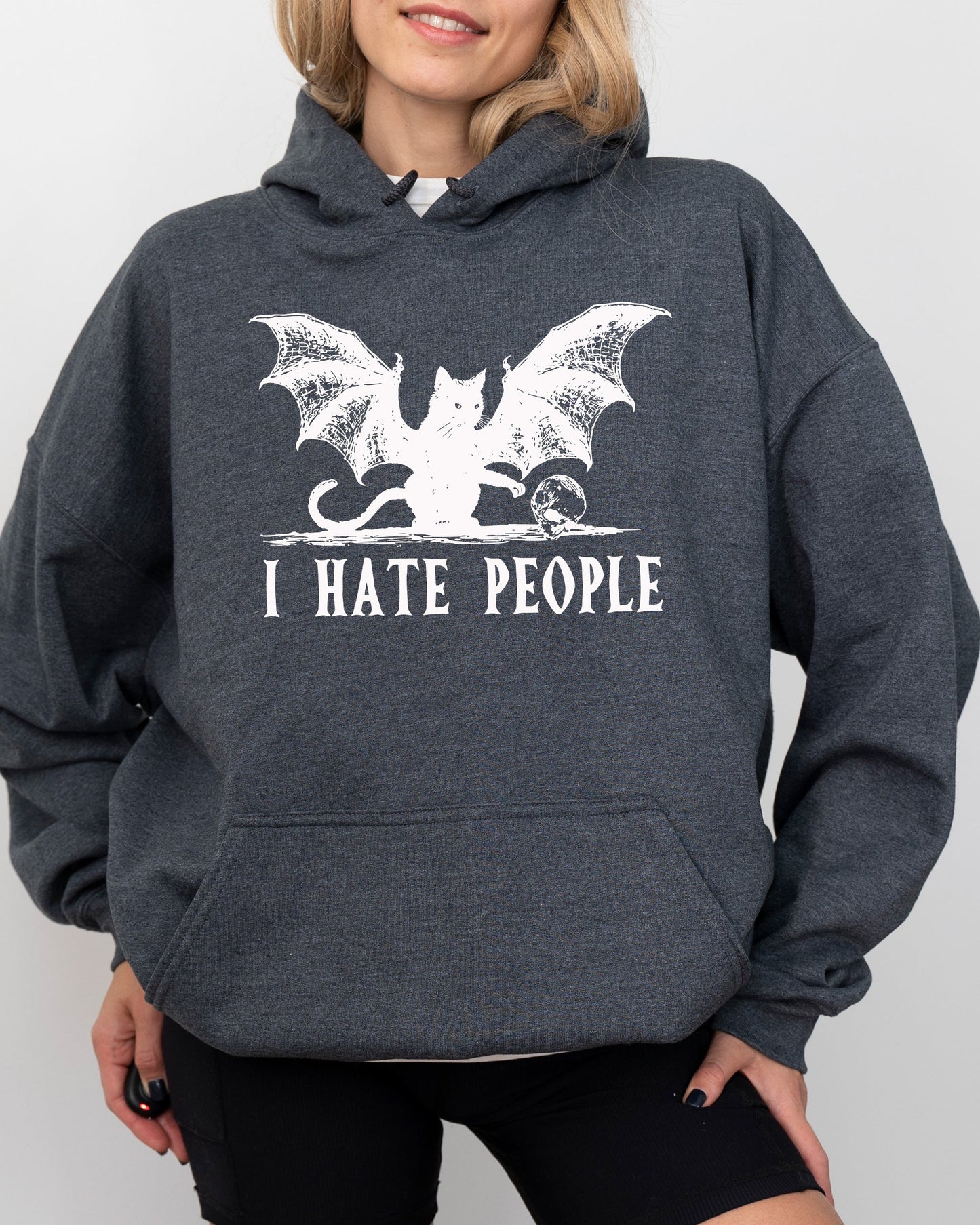 I Hate People Bat Skeleton Funny Ghost Spooky Witch Aesthetic Meme Halloween Costume Hoodie Hooded Sweatshirt