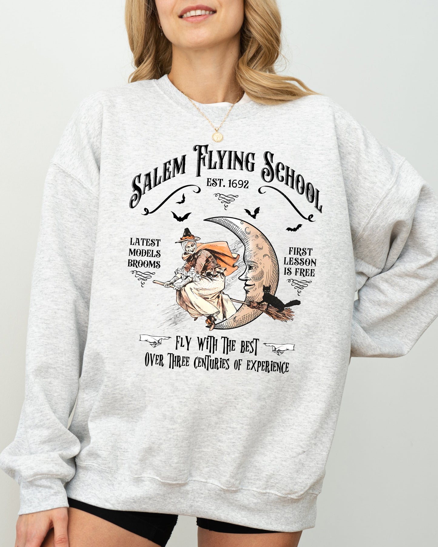 Salem, Flying School, Skeleton, Funny, Spooky, Witch, Aesthetic, Meme, Halloween, Costume Sweatshirt