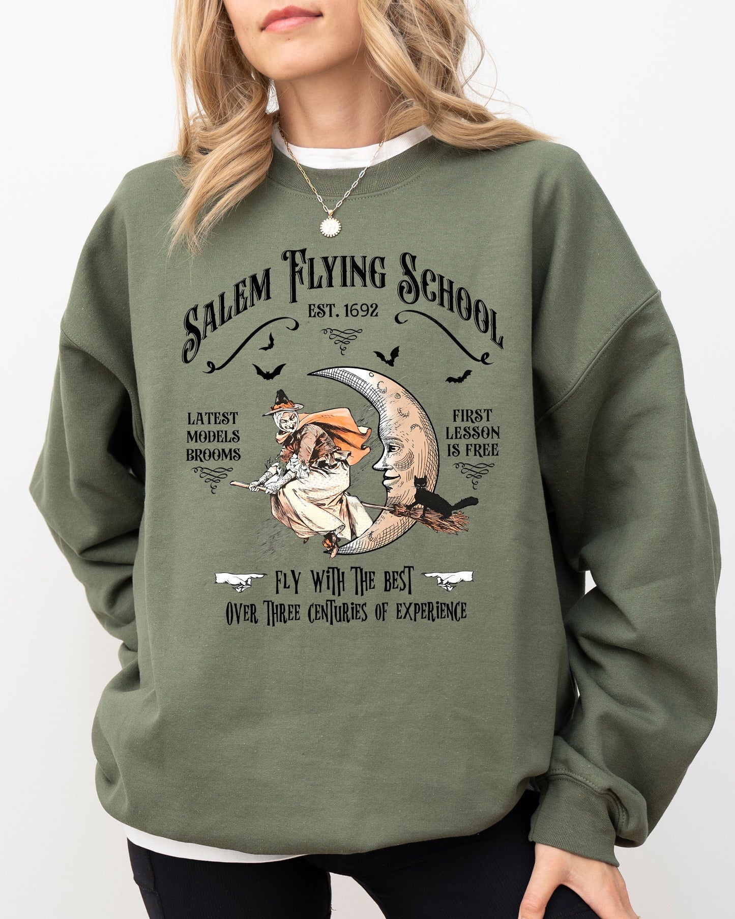 Salem, Flying School, Skeleton, Funny, Spooky, Witch, Aesthetic, Meme, Halloween, Costume Sweatshirt