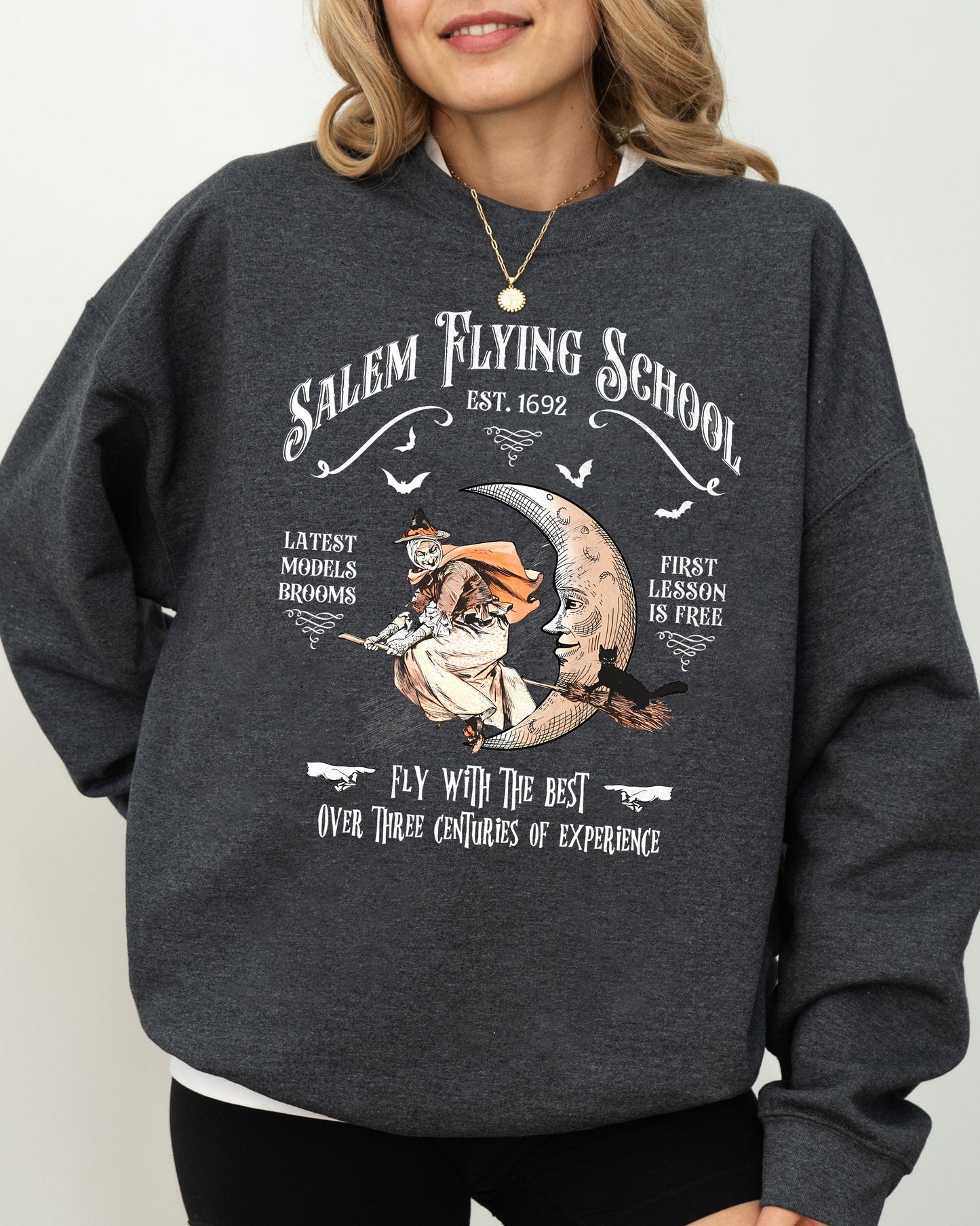 Salem, Flying School, Skeleton, Funny, Spooky, Witch, Aesthetic, Meme, Halloween, Costume Sweatshirt