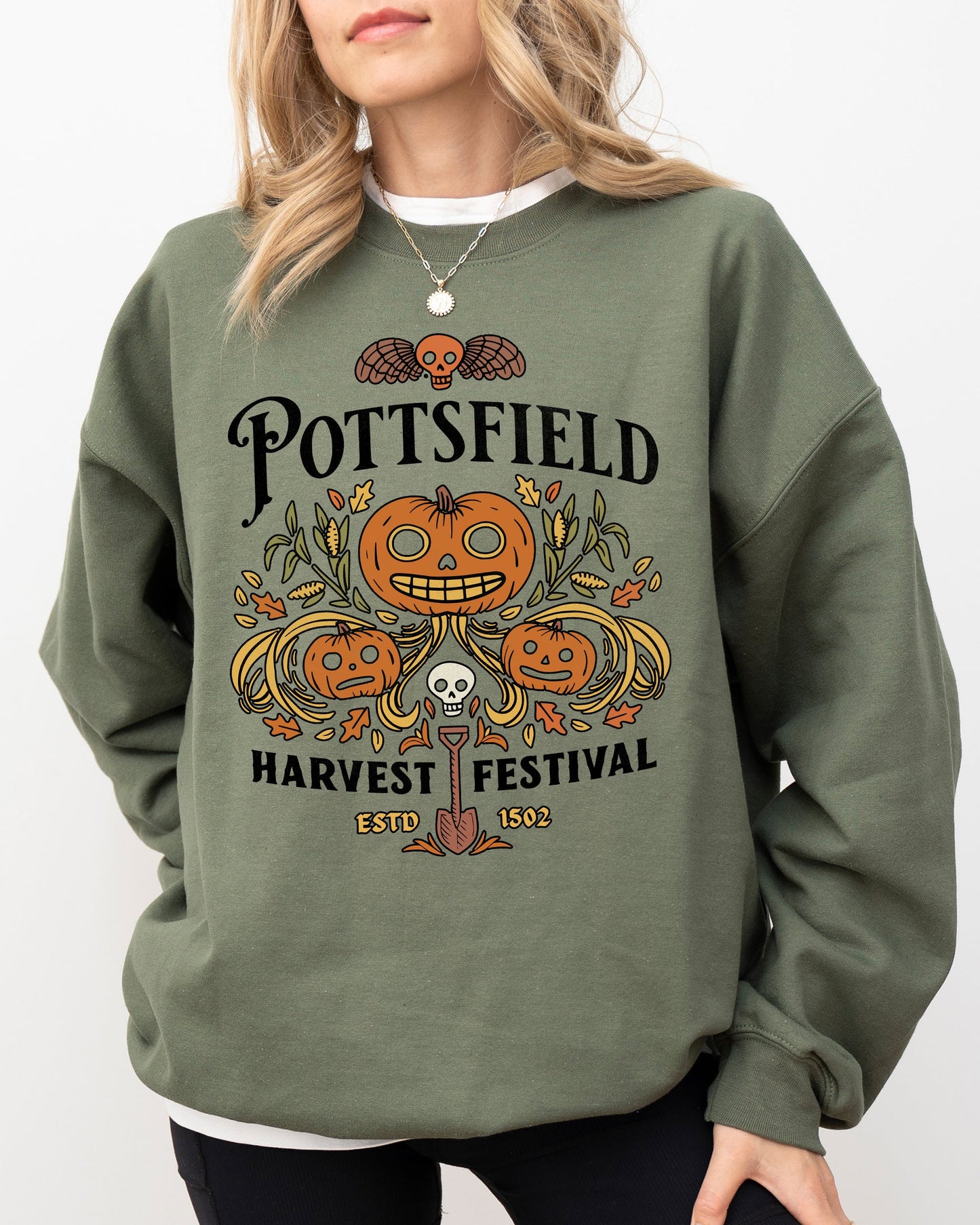 Pottsfield, Harvest Festival, Funny, Spooky, Witch, Aesthetic, Meme, Halloween, Costume Sweatshirt