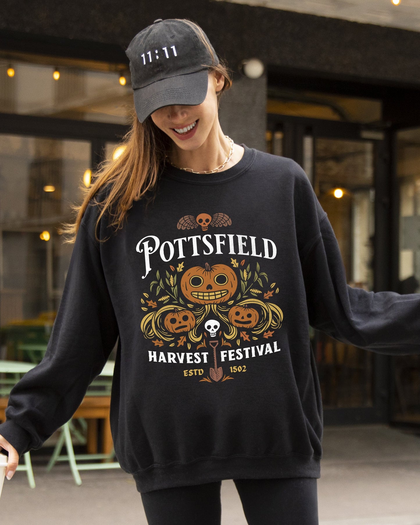 Pottsfield, Harvest Festival, Funny, Spooky, Witch, Aesthetic, Meme, Halloween, Costume Sweatshirt