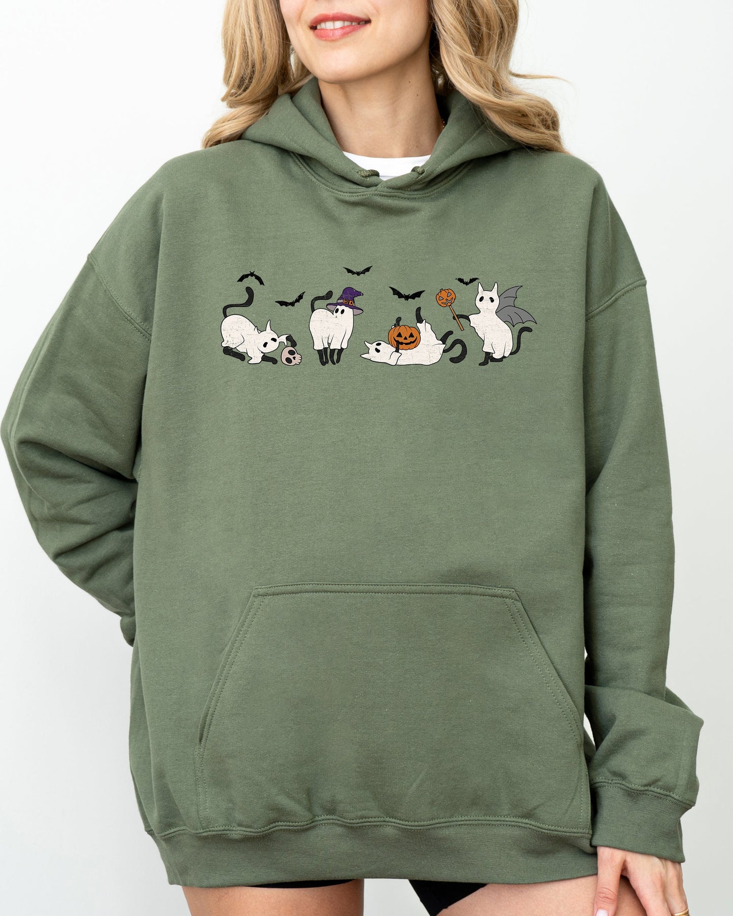 Mini Ghost Cats, Farm, Witch, Skull, Funny, Spooky, Aesthetic, Meme, Halloween, Costume, Hoodie, Hooded Sweatshirt
