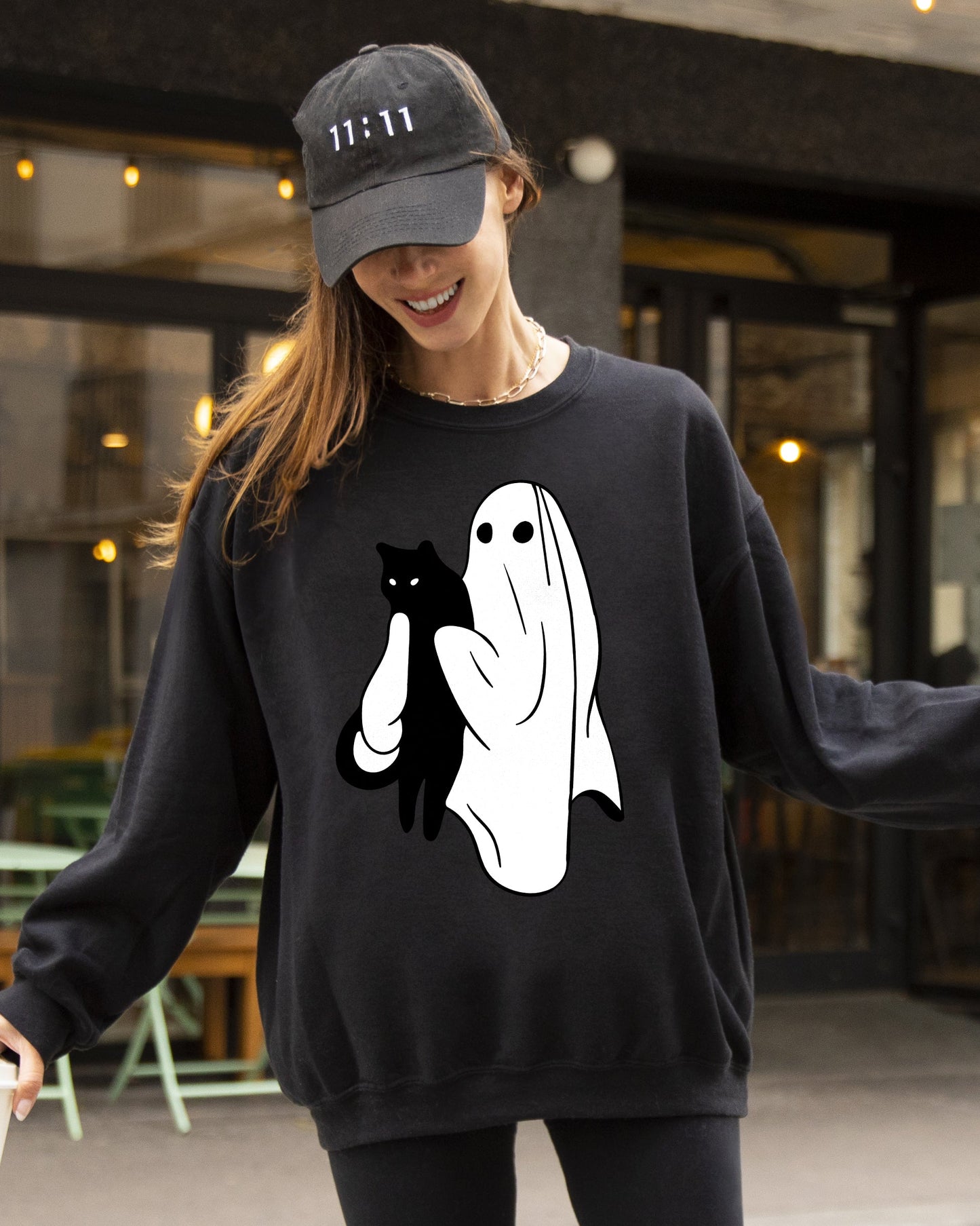 Ghost and Cat Funny Spooky Halloween Costume Sweatshirt