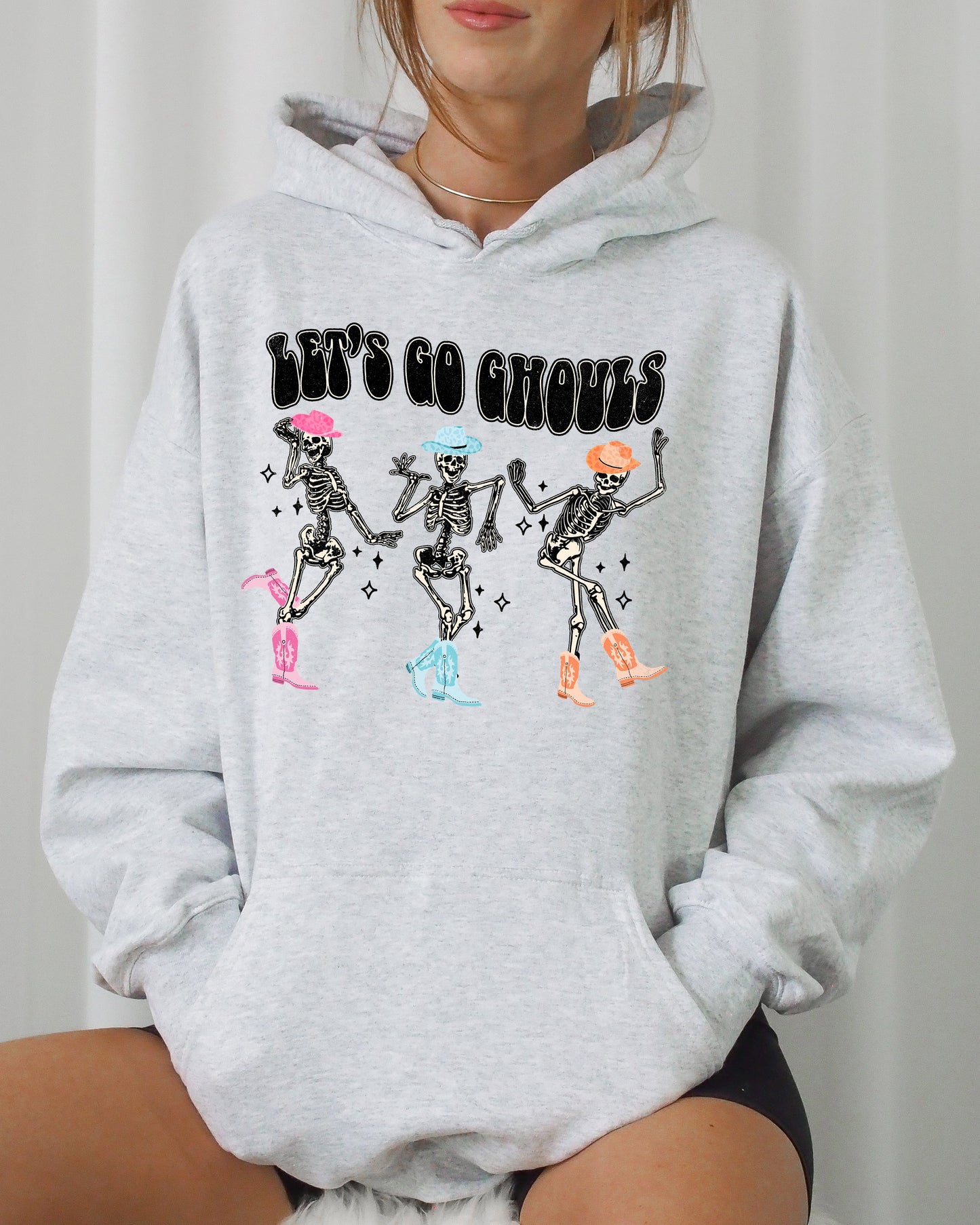 Let's Go Ghouls, Ghost, Western, Skeleton, Witch, Skull, Funny, Spooky, Aesthetic, Meme, Halloween, Costume, Hoodie, Hooded Sweatshirt