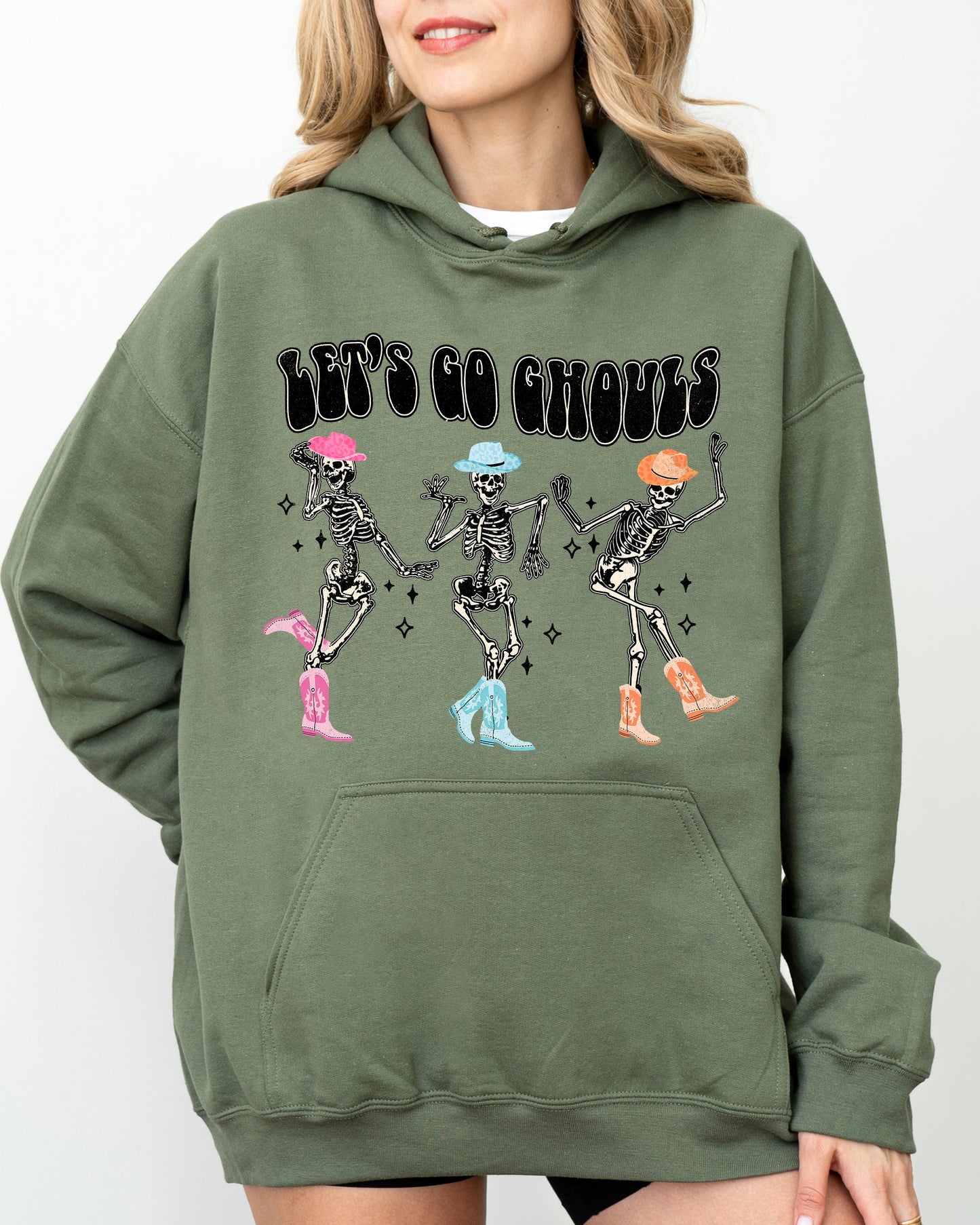 Let's Go Ghouls, Ghost, Western, Skeleton, Witch, Skull, Funny, Spooky, Aesthetic, Meme, Halloween, Costume, Hoodie, Hooded Sweatshirt