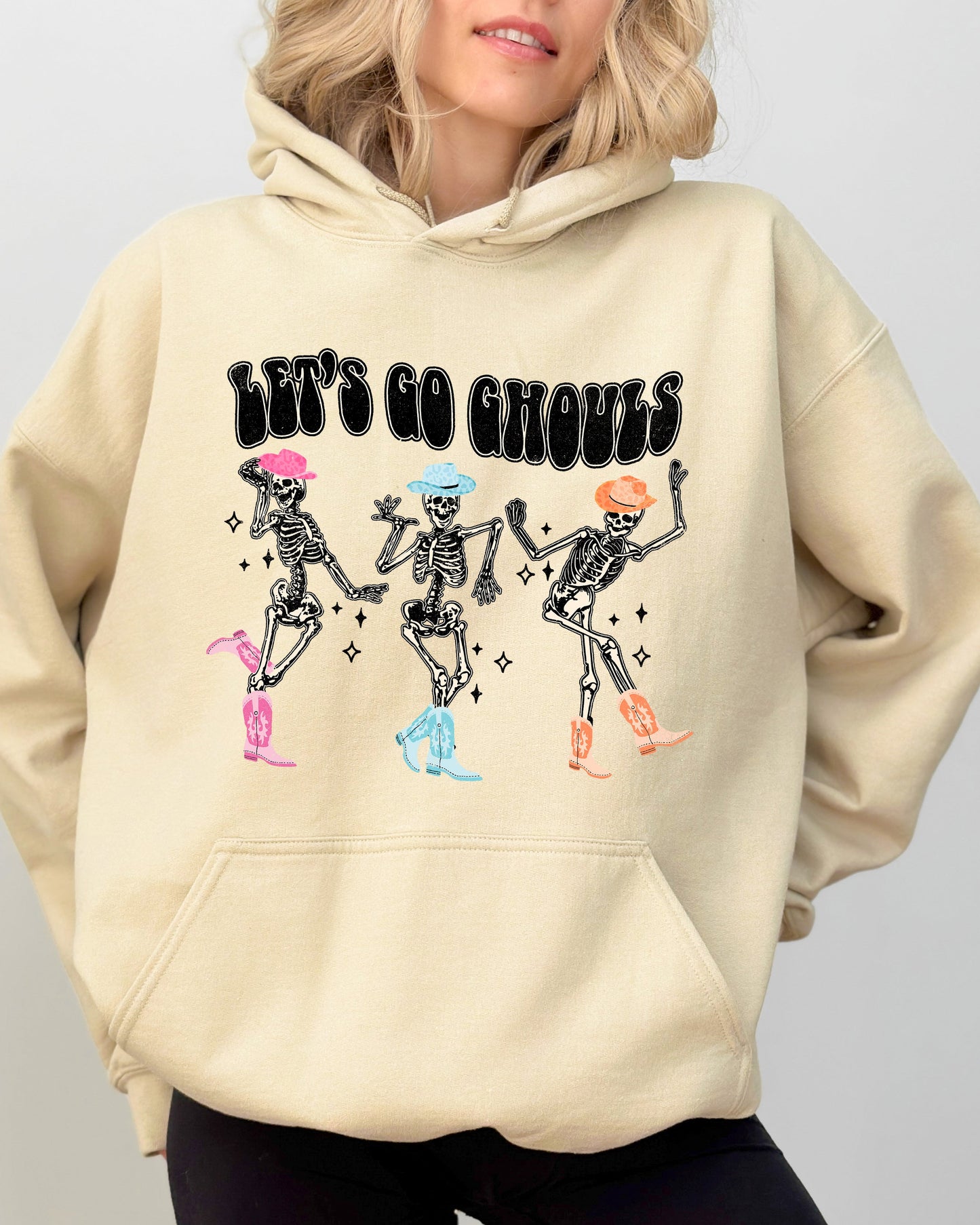 Let's Go Ghouls, Ghost, Western, Skeleton, Witch, Skull, Funny, Spooky, Aesthetic, Meme, Halloween, Costume, Hoodie, Hooded Sweatshirt