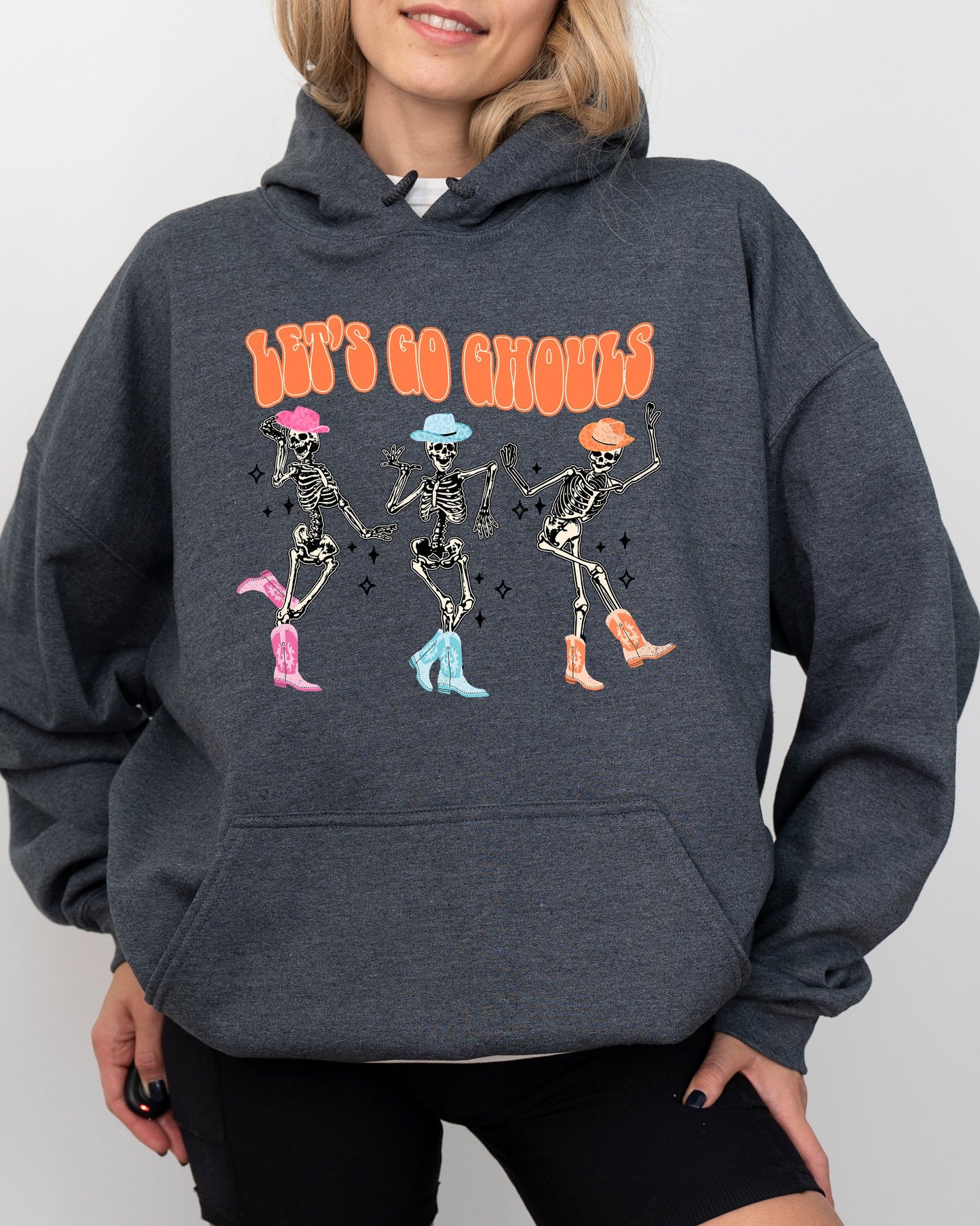 Let's Go Ghouls, Ghost, Western, Skeleton, Witch, Skull, Funny, Spooky, Aesthetic, Meme, Halloween, Costume, Hoodie, Hooded Sweatshirt