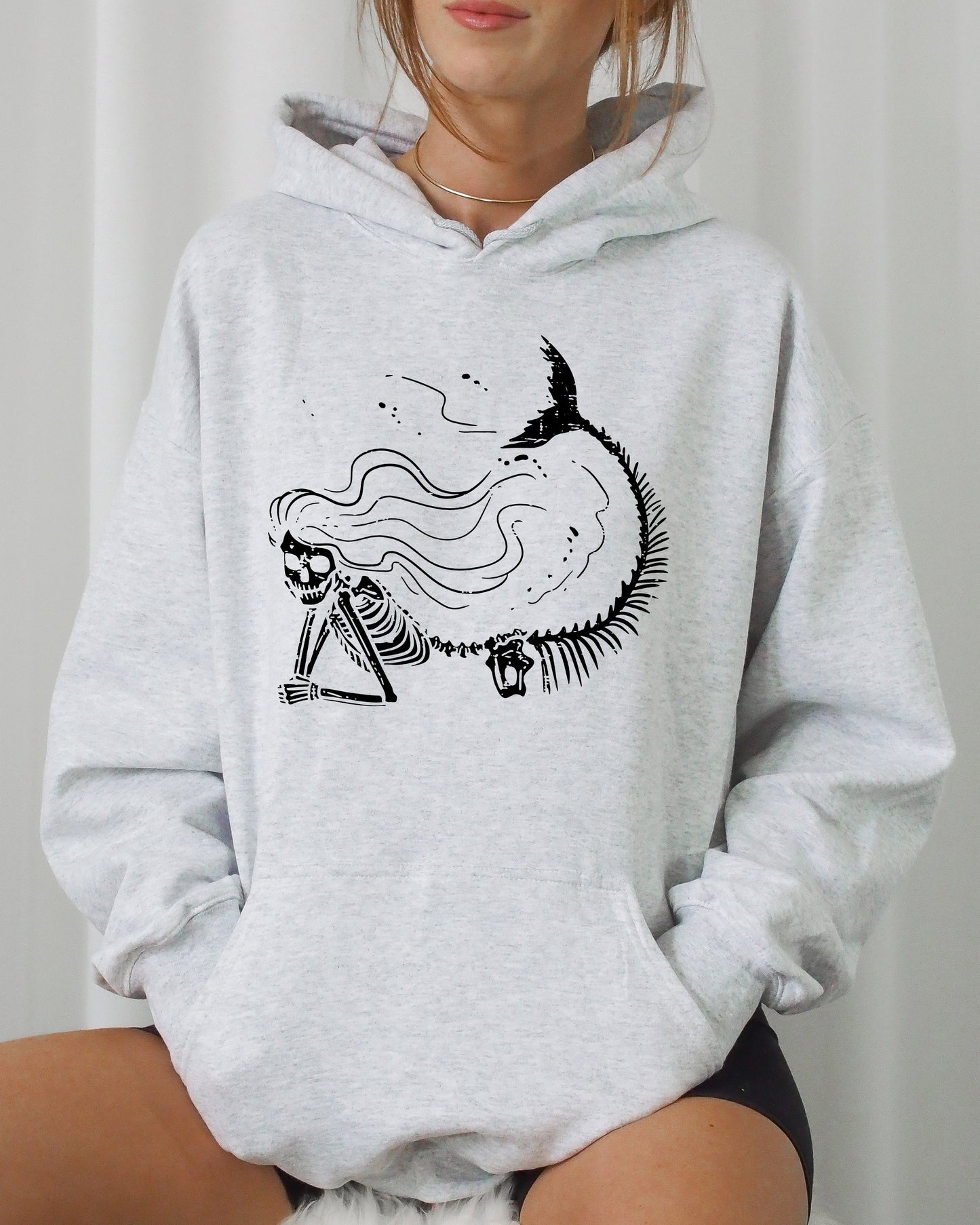 Mermaid Skeleton, Ghost, Skeleton, Witch, Skull, Funny, Spooky, Aesthetic, Meme, Halloween, Costume, Hoodie, Hooded Sweatshirt