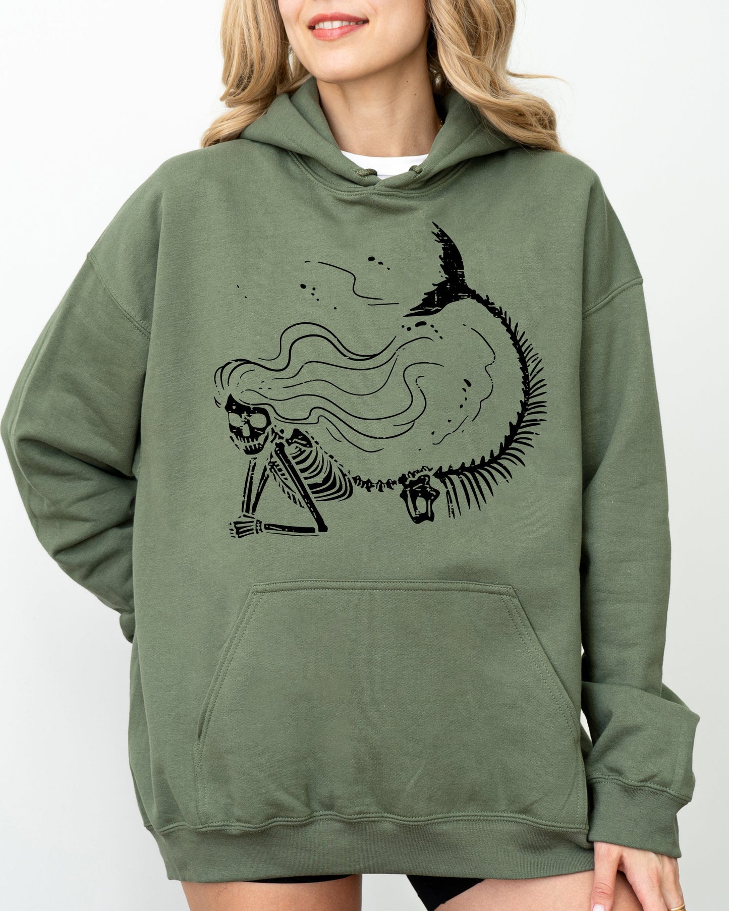 Mermaid Skeleton, Ghost, Skeleton, Witch, Skull, Funny, Spooky, Aesthetic, Meme, Halloween, Costume, Hoodie, Hooded Sweatshirt