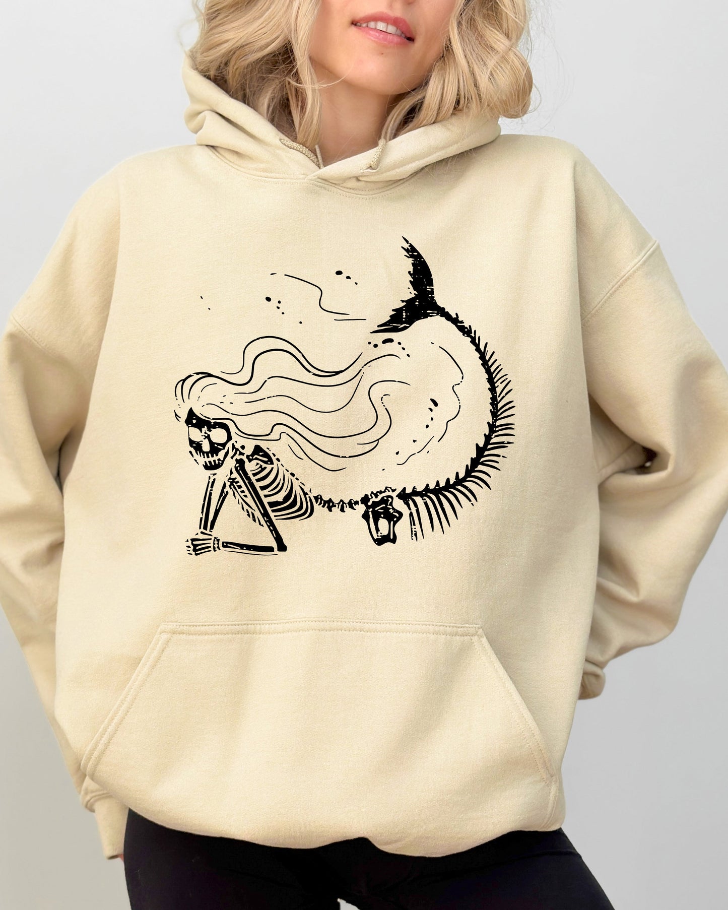 Mermaid Skeleton, Ghost, Skeleton, Witch, Skull, Funny, Spooky, Aesthetic, Meme, Halloween, Costume, Hoodie, Hooded Sweatshirt