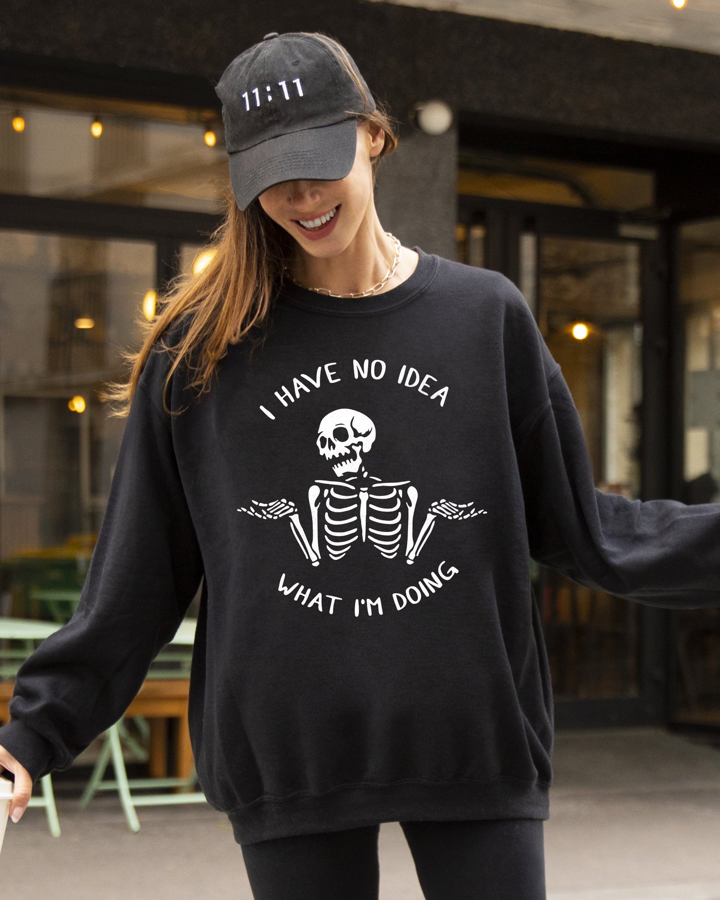 Halloween Funny Aesthetic Costume Sweatshirt I Have No Idea Skeleton Ghost Witch Skull