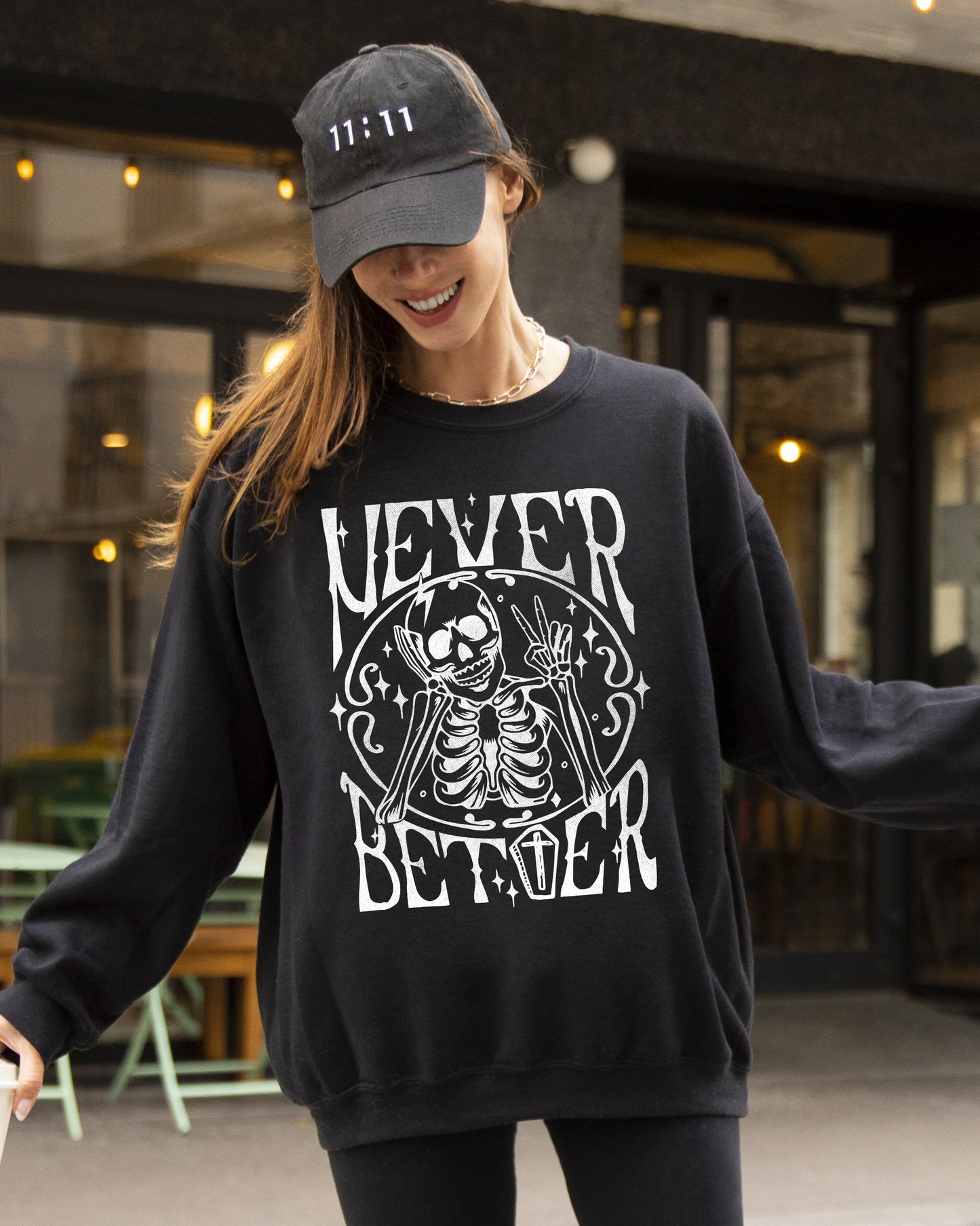 Never Better Skeleton, Peace, Ghost, Witch, Skull, Funny, Spooky, Aesthetic, Meme, Halloween, Costume Sweatshirt