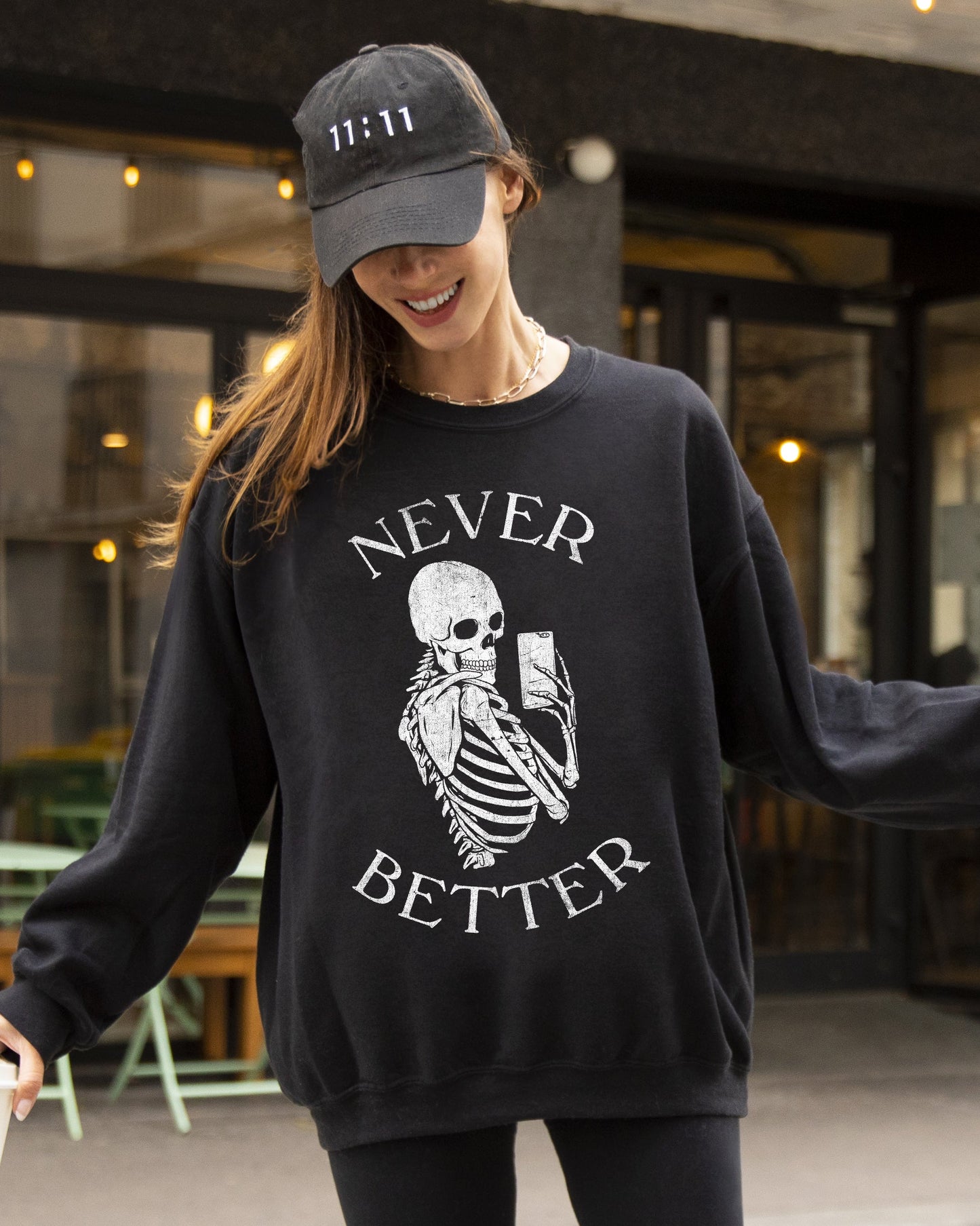 Never Better, Selfie, Skeleton, Ghost, Witch, Skull, Funny, Spooky, Aesthetic, Meme, Halloween, Costume Sweatshirt
