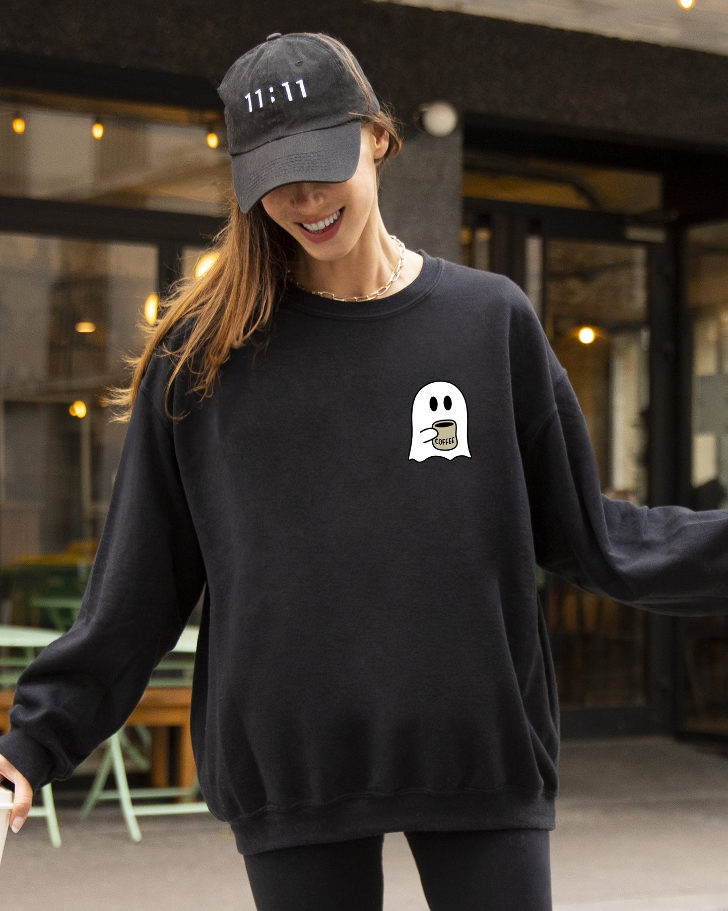 Ghost Coffee Lover Pocket Skeleton Witch Skull Halloween Costume Sweatshirt