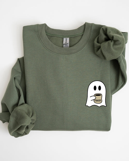 Ghost Coffee Lover Pocket Skeleton Witch Skull Halloween Costume Sweatshirt