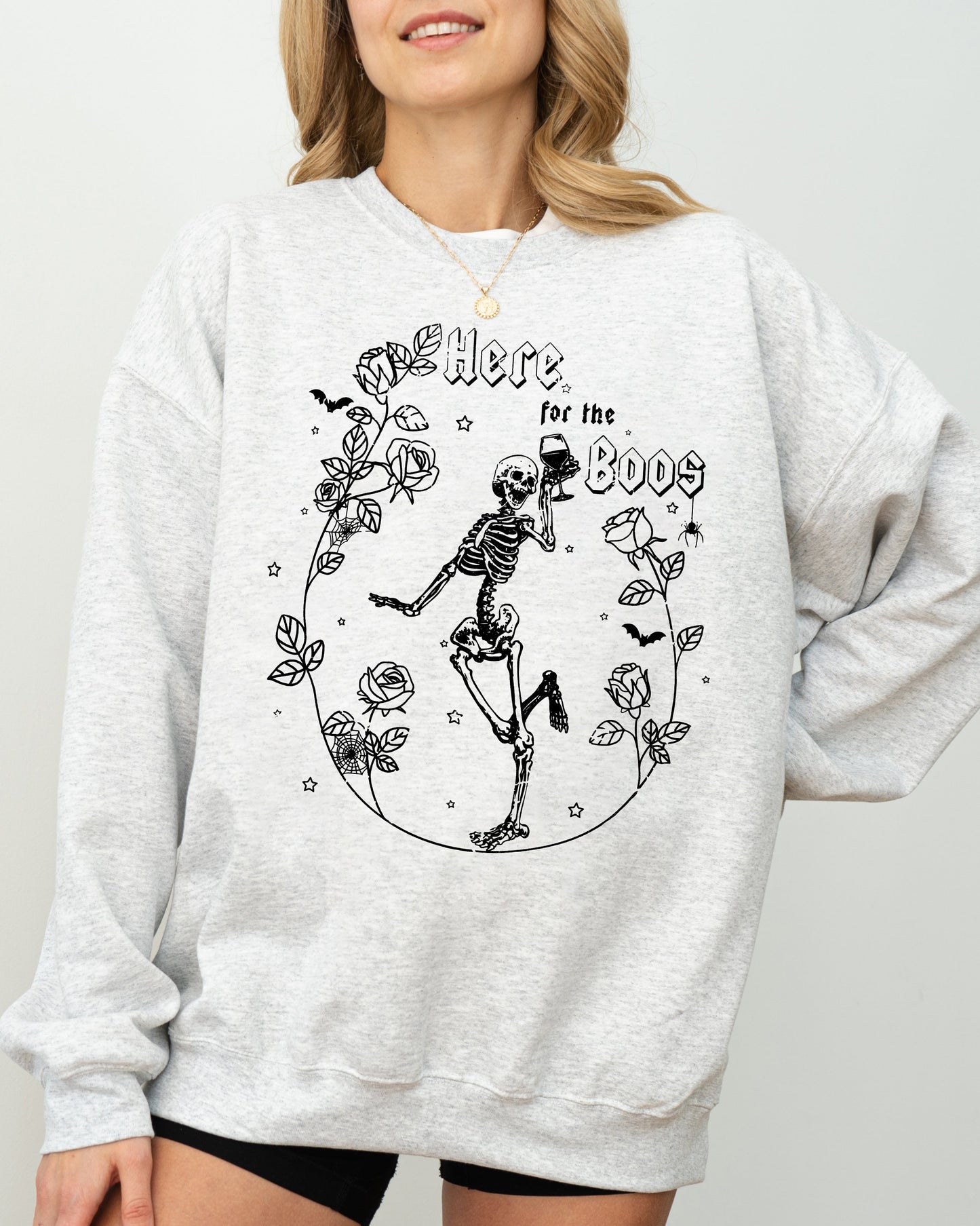 Halloween Costume Sweatshirt Soft Fleece Here For The Boos Skeleton Ghost Witch Skull Spooky Aesthetic Meme