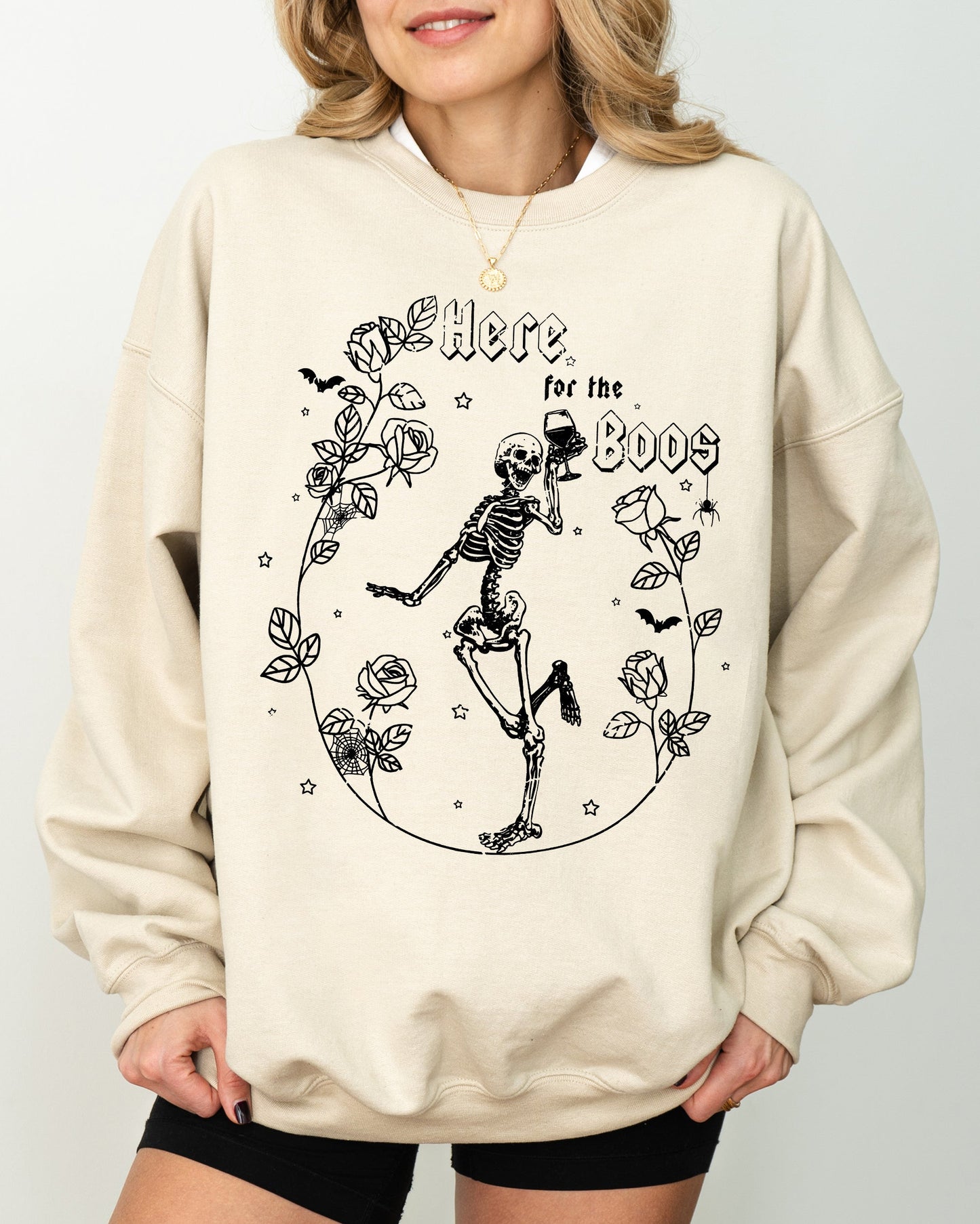 Halloween Costume Sweatshirt Soft Fleece Here For The Boos Skeleton Ghost Witch Skull Spooky Aesthetic Meme