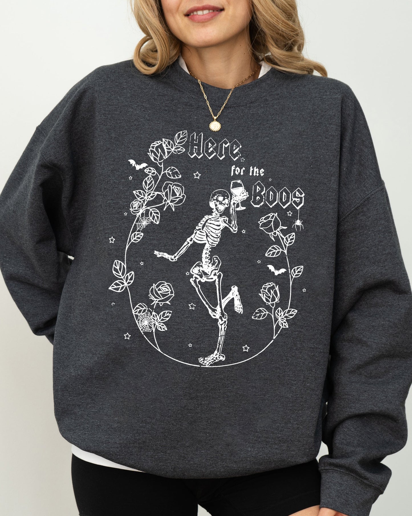 Halloween Costume Sweatshirt Soft Fleece Here For The Boos Skeleton Ghost Witch Skull Spooky Aesthetic Meme
