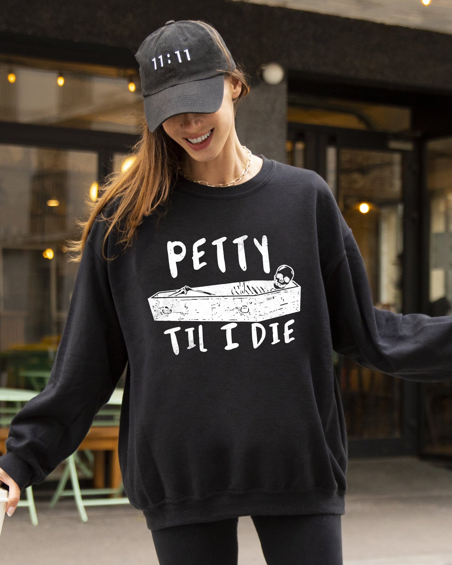 Petty Til I Die, Skeleton, Witch, Skull, Spooky, Aesthetic, Meme, Halloween, Costume Sweatshirt