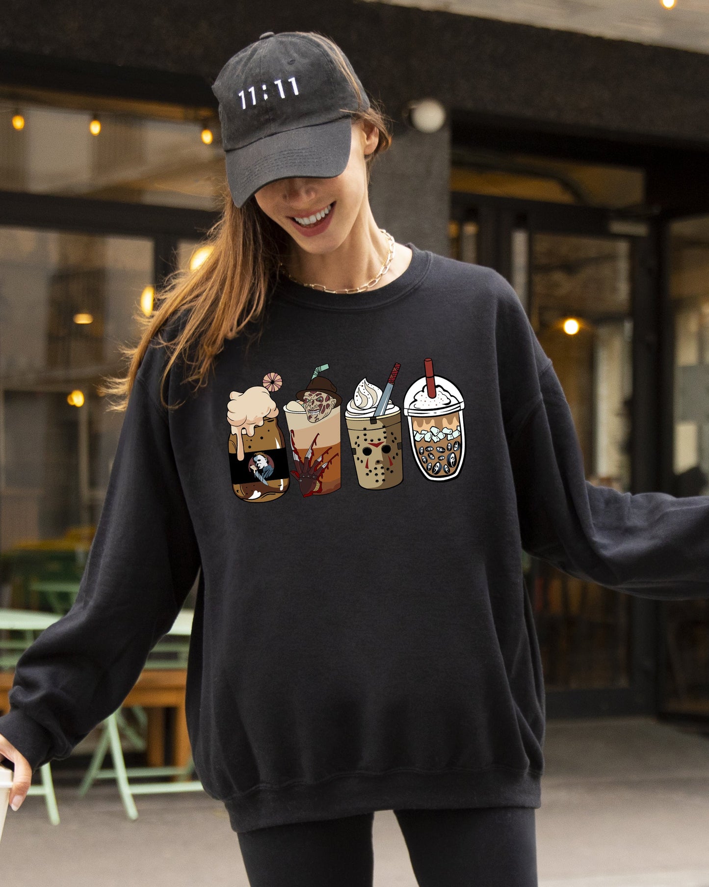 Halloween Coffee Vintage Skeleton Ghost Witch Skull Spooky Sweatshirt