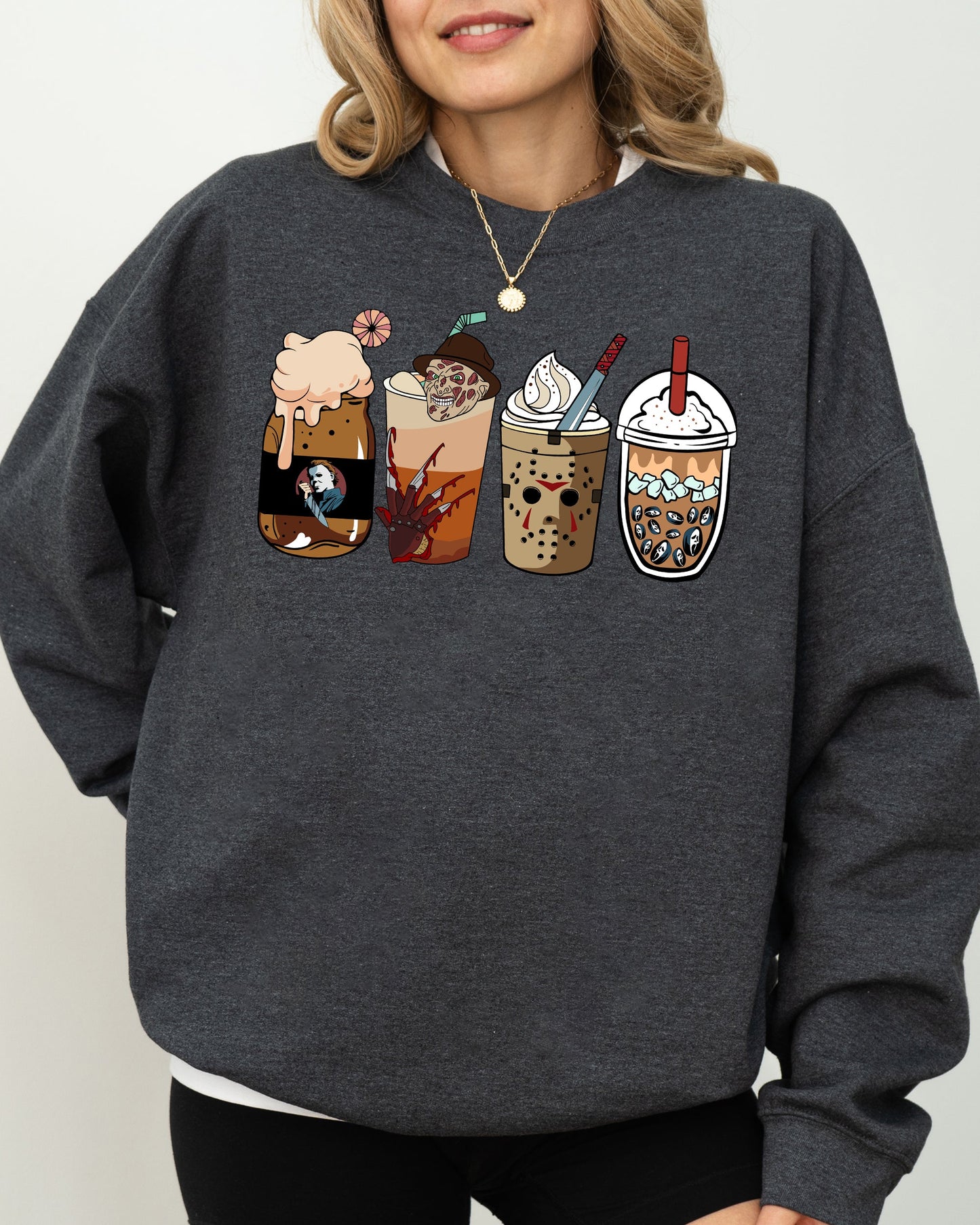 Halloween Coffee Vintage Skeleton Ghost Witch Skull Spooky Sweatshirt