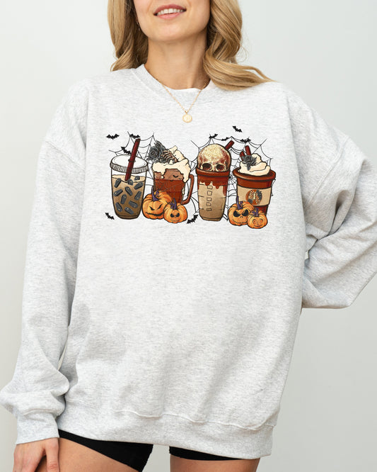 Halloween Coffee Retro Skeleton Ghost Witch Skull Spooky Sweatshirt
