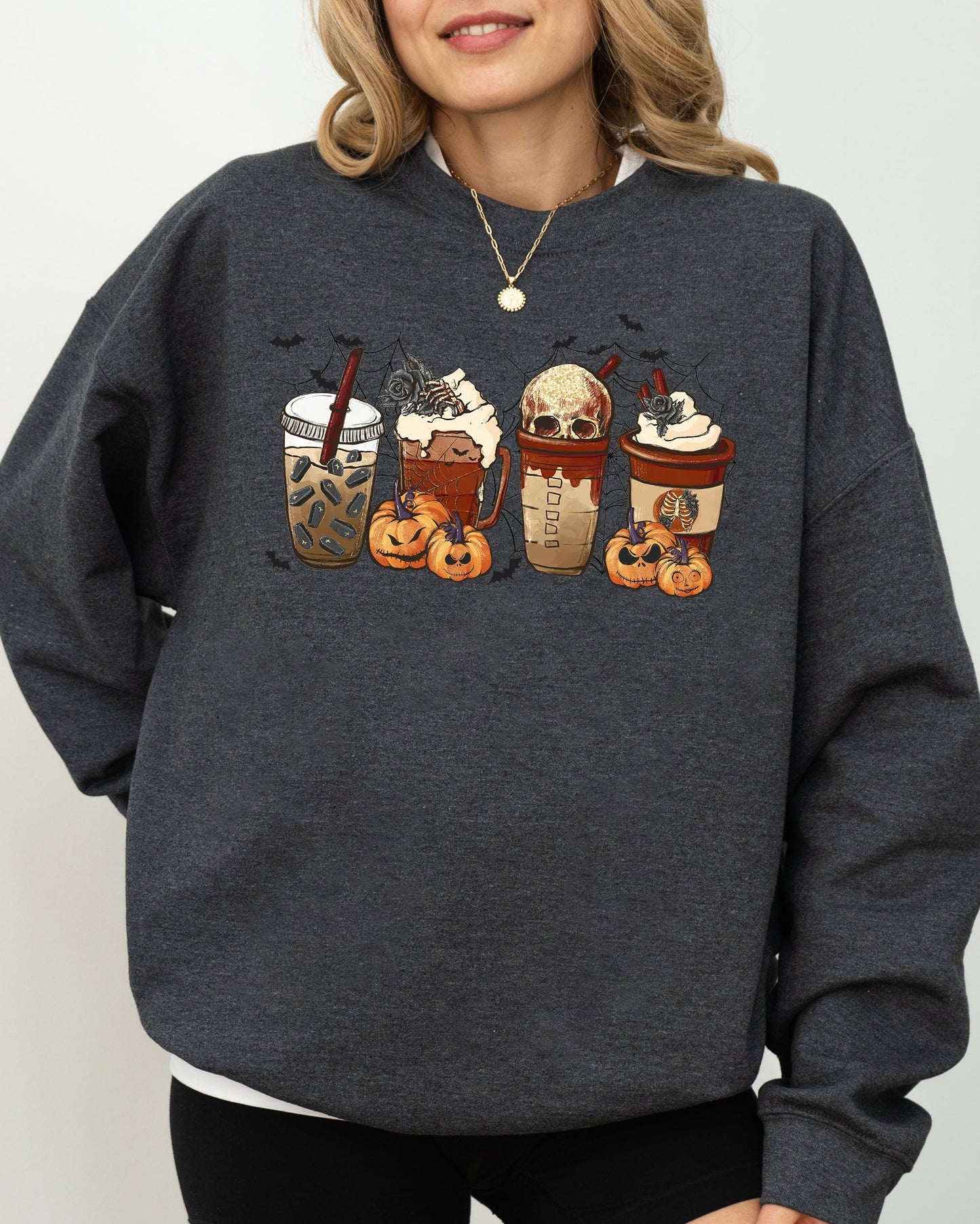 Halloween Coffee Retro Skeleton Ghost Witch Skull Spooky Sweatshirt