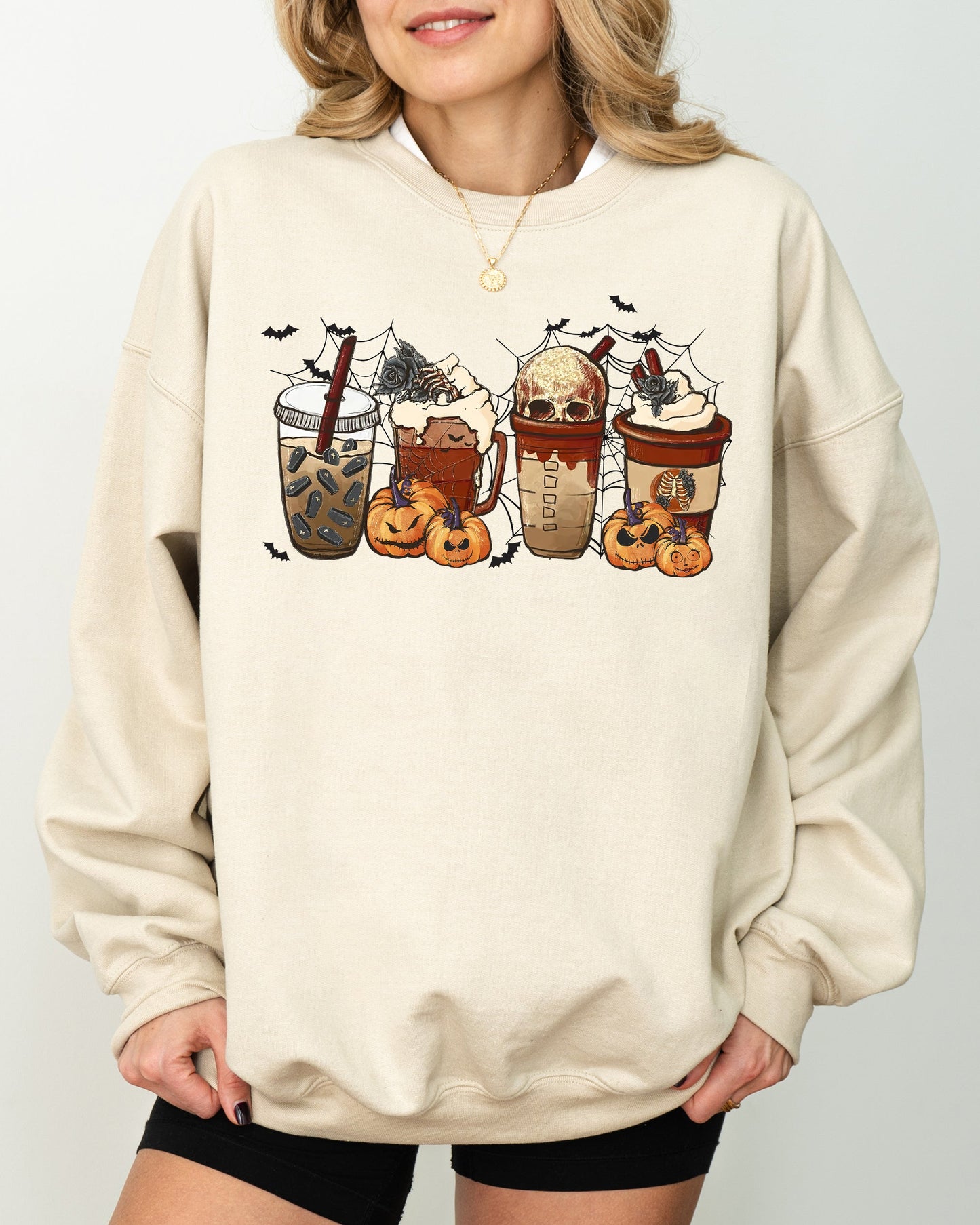 Halloween Coffee Retro Skeleton Ghost Witch Skull Spooky Sweatshirt