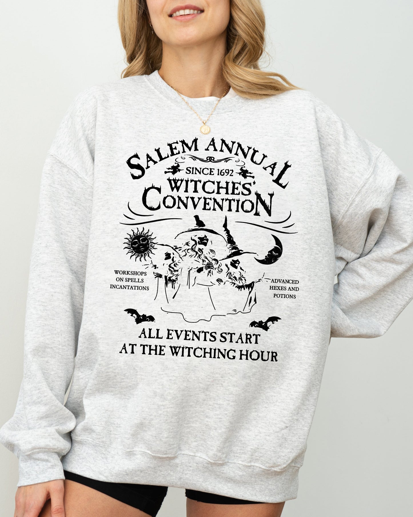 Salem Annual Witches Convention, Spooky, Skeleton, Ghost, Witch, Skull, Aesthetic, Meme, Halloween, Costume Sweatshirt