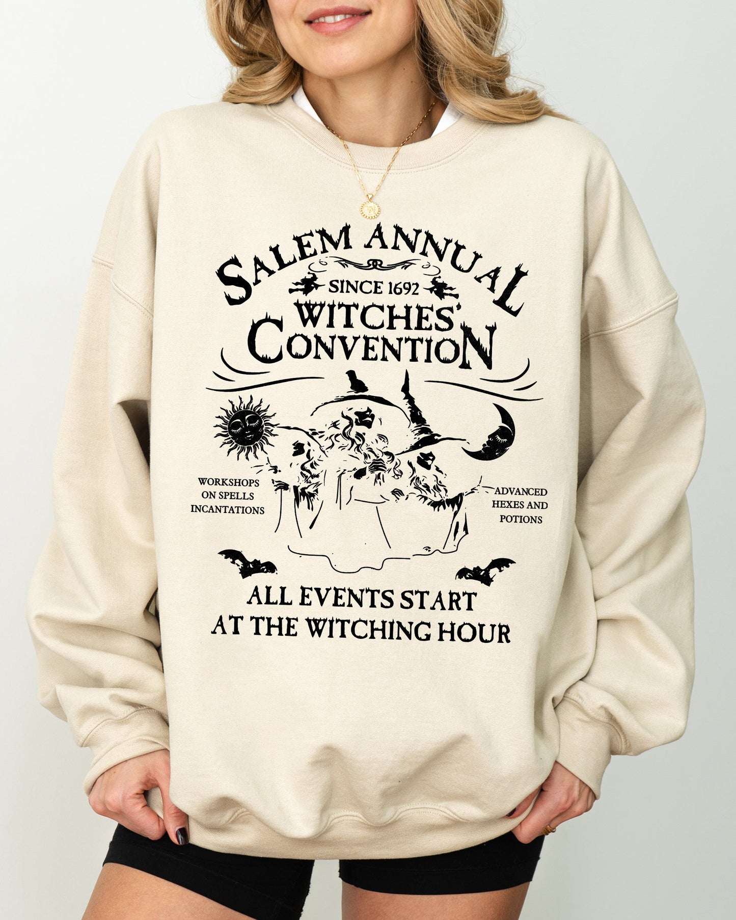Salem Annual Witches Convention, Spooky, Skeleton, Ghost, Witch, Skull, Aesthetic, Meme, Halloween, Costume Sweatshirt