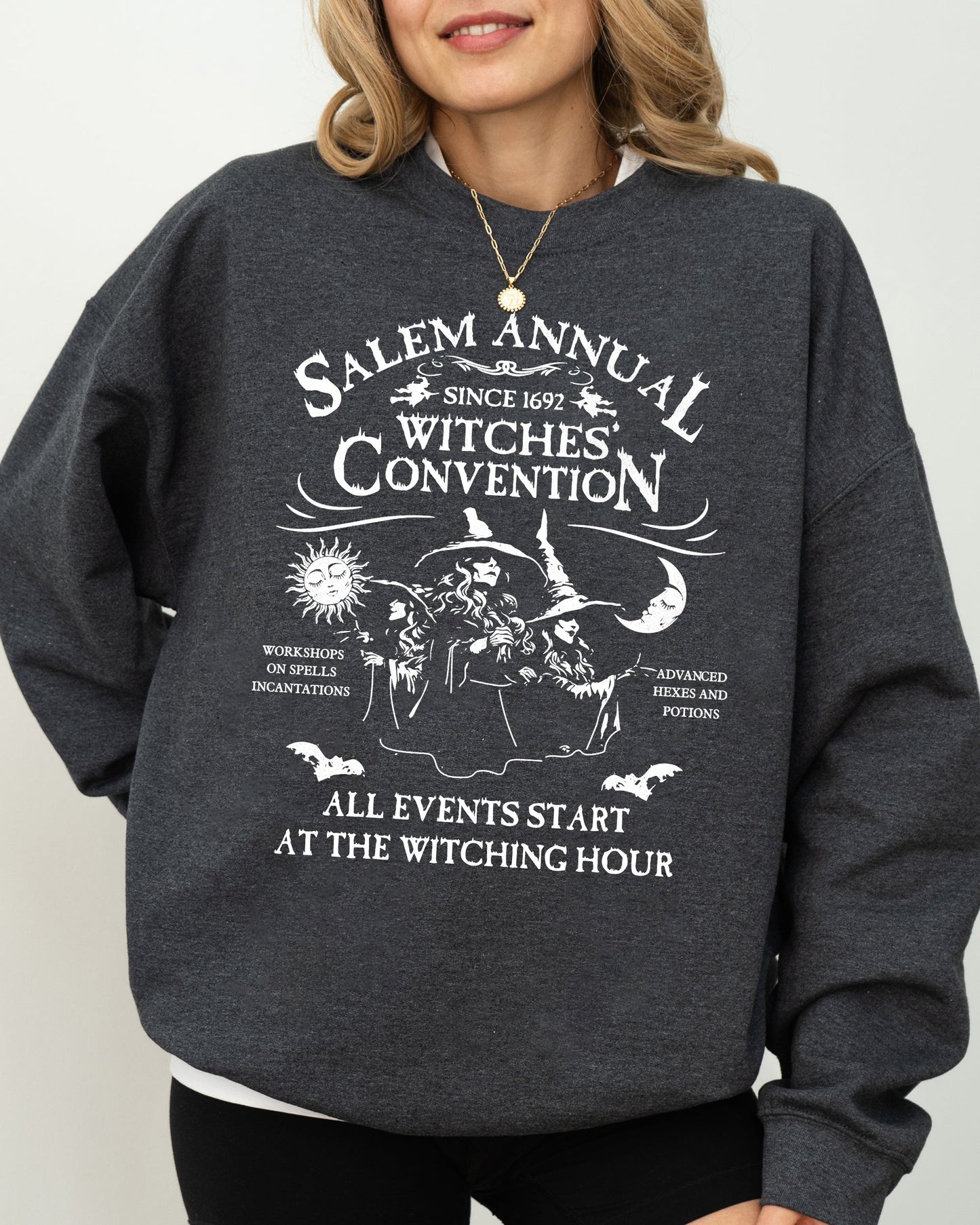 Salem Annual Witches Convention, Spooky, Skeleton, Ghost, Witch, Skull, Aesthetic, Meme, Halloween, Costume Sweatshirt