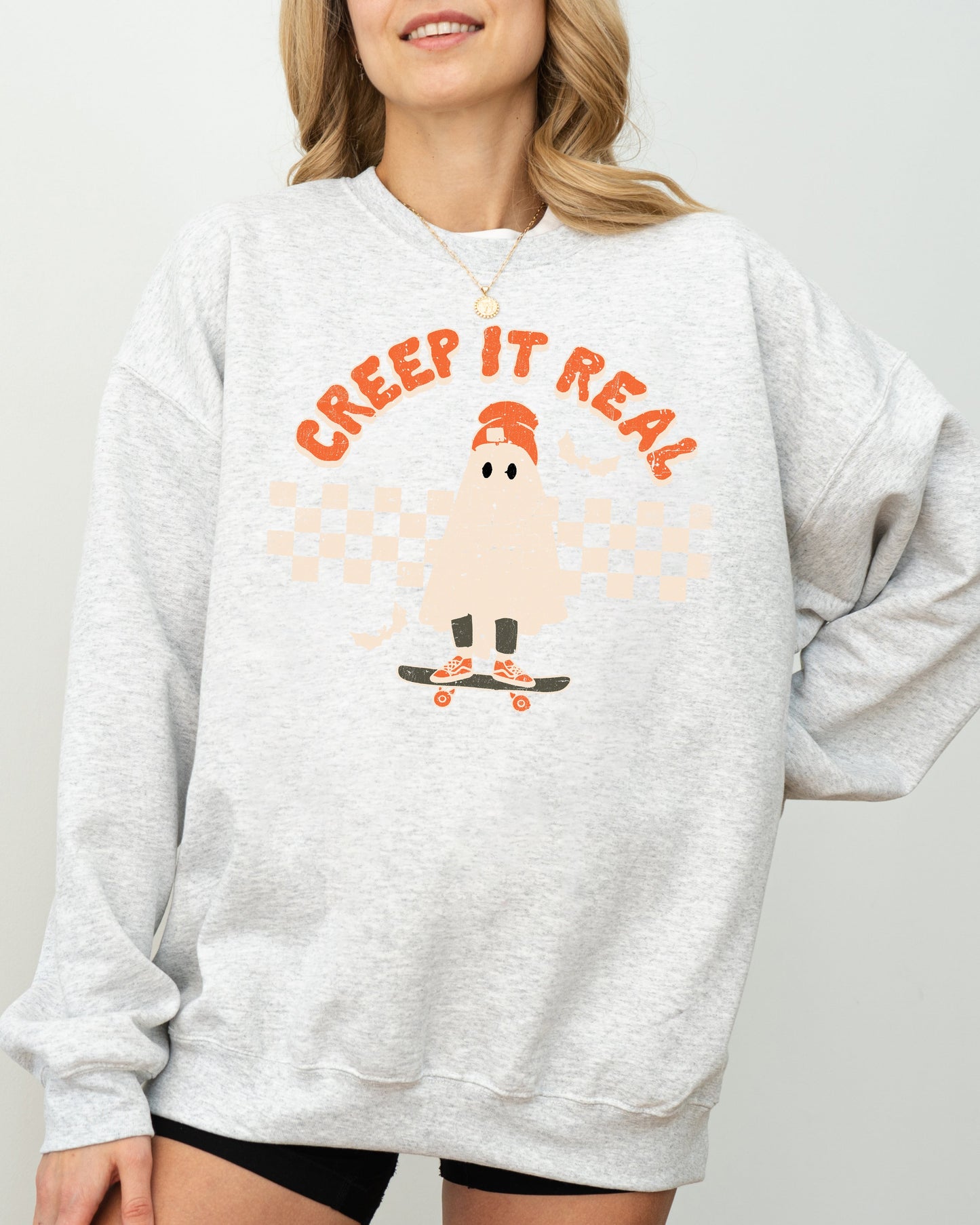 Creep It Real Spooky Costume Sweatshirt Retro Ghost Skeleton Witch Skull Halloween