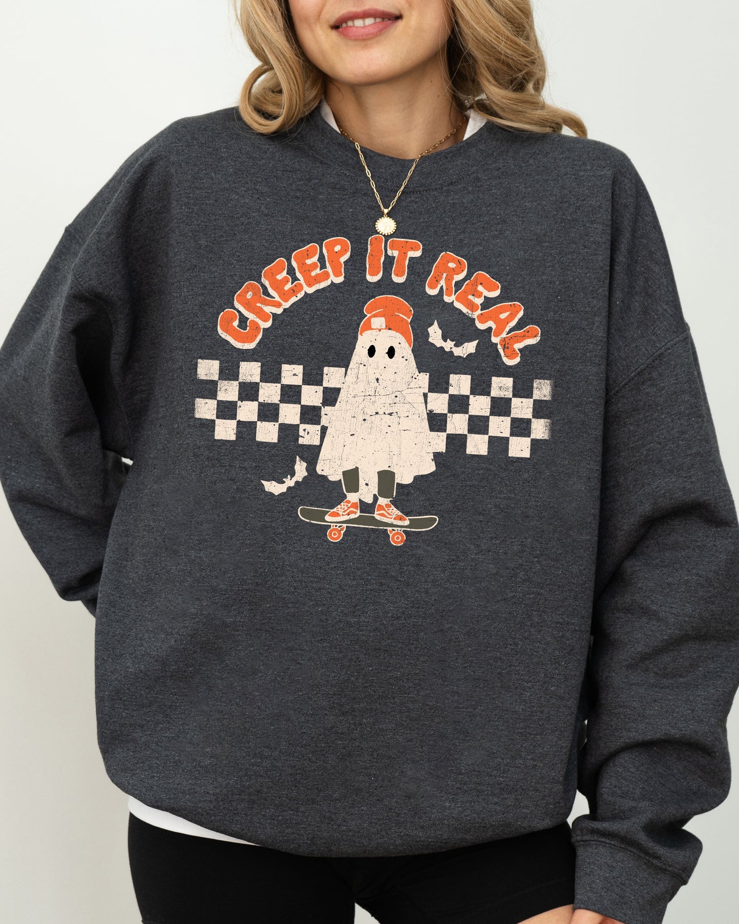 Creep It Real Spooky Costume Sweatshirt Retro Ghost Skeleton Witch Skull Halloween