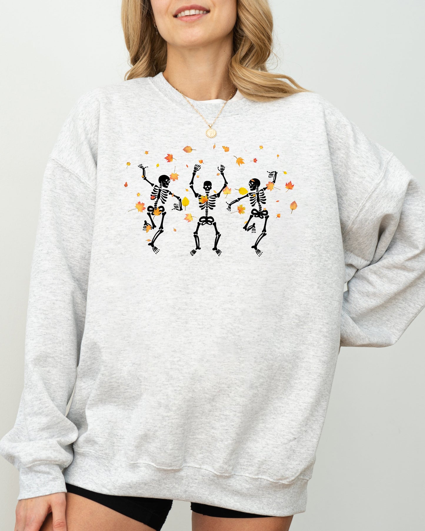 Fall Leaves Dancing Halloween Costume Sweatshirt with Skeletons and Witch Design