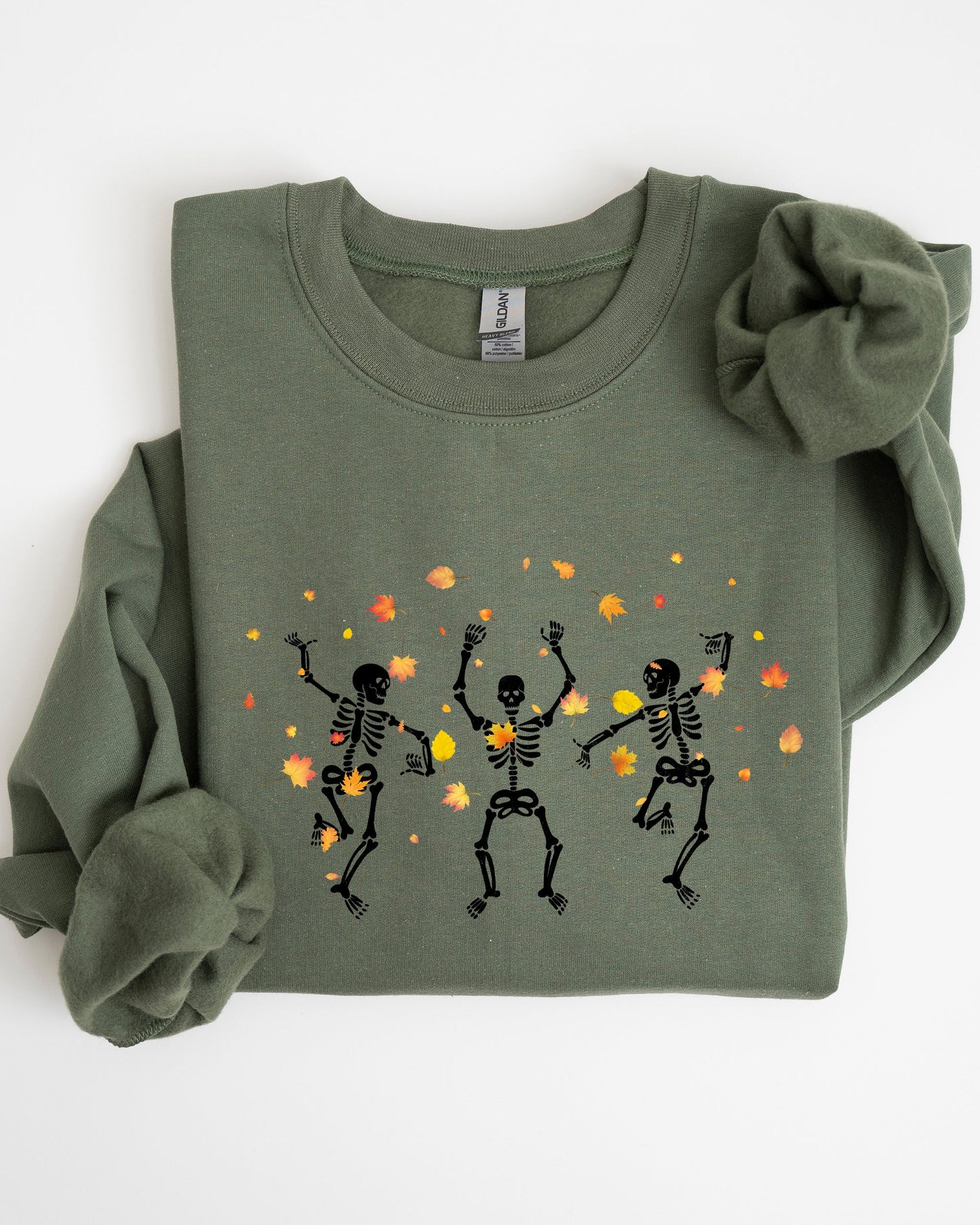 Fall Leaves Dancing Halloween Costume Sweatshirt with Skeletons and Witch Design