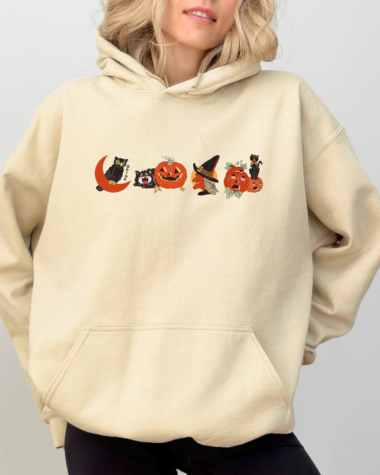Vintage Pumpkin Skeleton Witch Skull Spooky Halloween Costume Hoodie