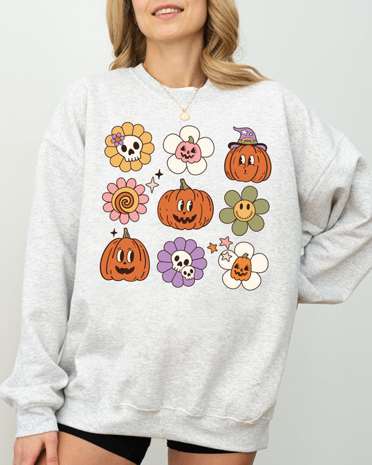 Retro Pumpkins, Fall, Skeleton, Witch, Skull, Spooky, Aesthetic, Meme, Halloween, Costume Sweatshirt