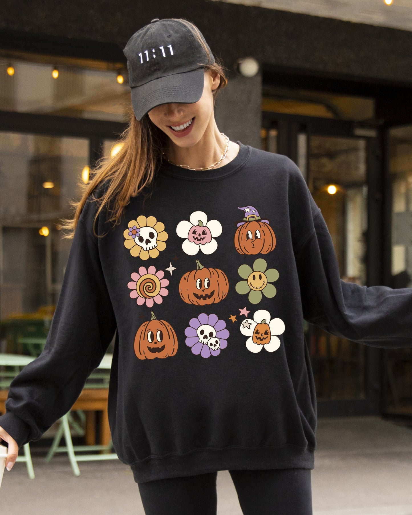 Retro Pumpkins, Fall, Skeleton, Witch, Skull, Spooky, Aesthetic, Meme, Halloween, Costume Sweatshirt