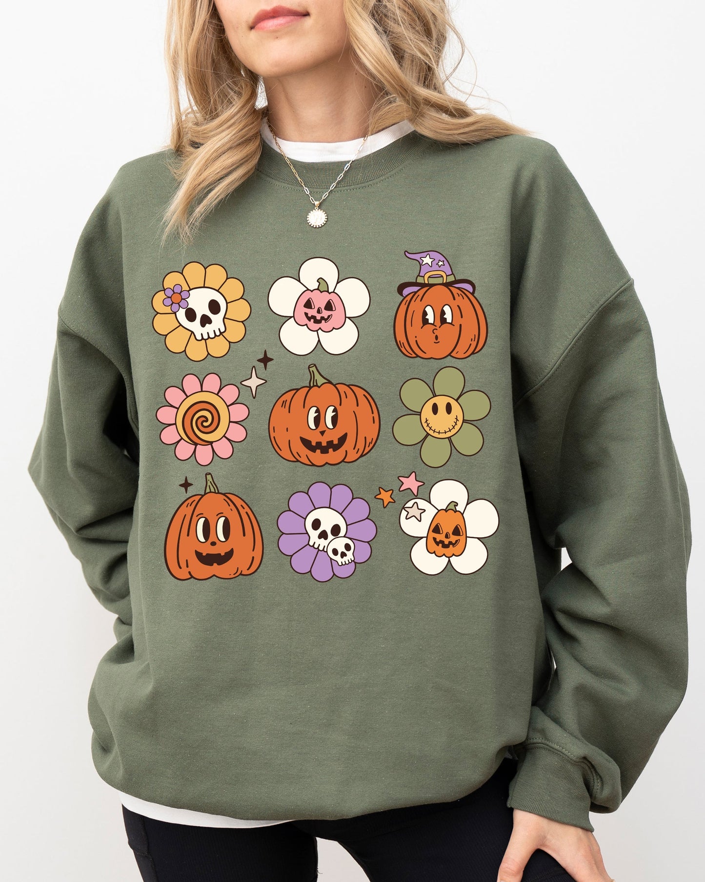 Retro Pumpkins, Fall, Skeleton, Witch, Skull, Spooky, Aesthetic, Meme, Halloween, Costume Sweatshirt