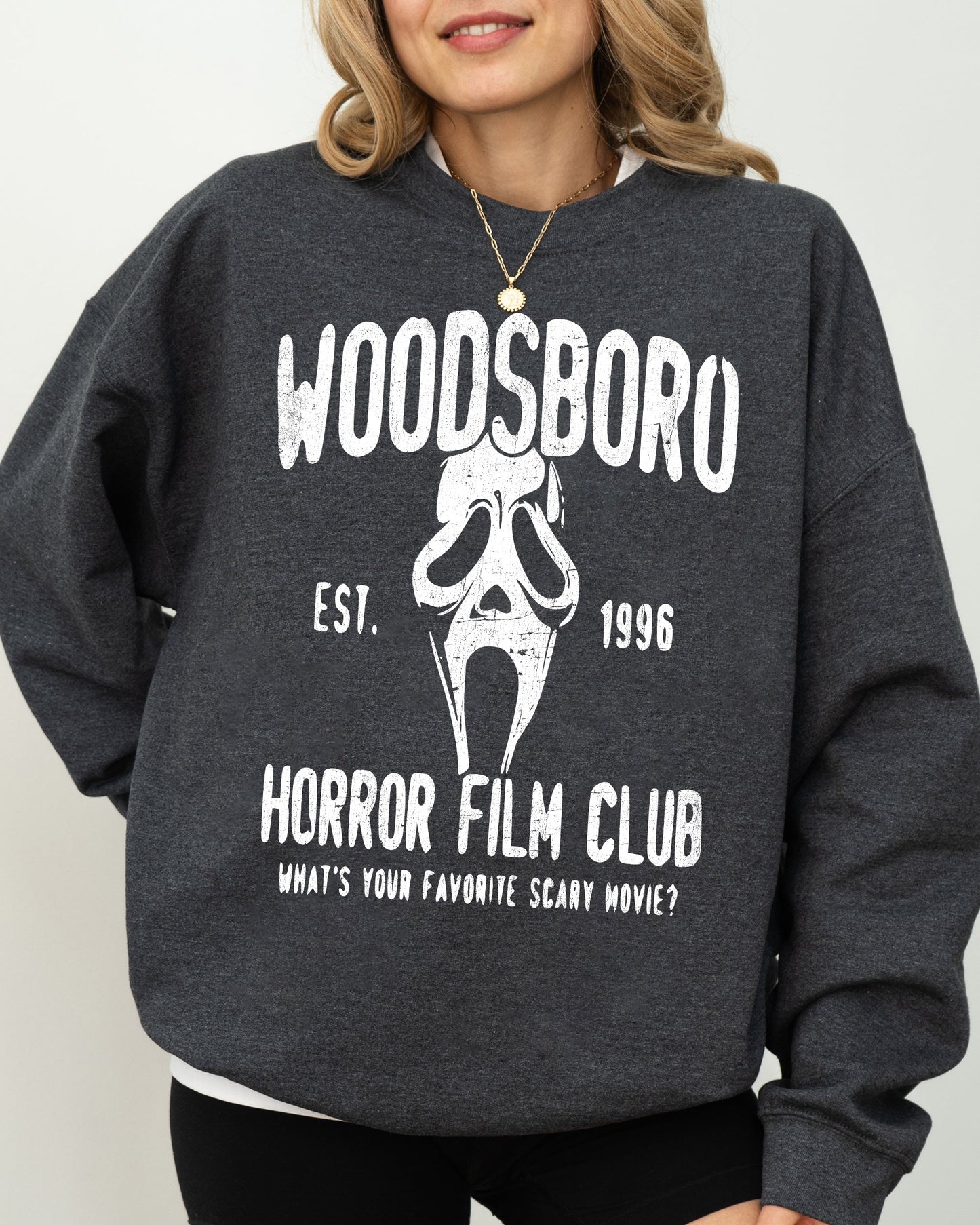 Woodsboro, Horror Film, Skeleton, Skull, Spooky, Aesthetic, Meme, Halloween, Costume Sweatshirt