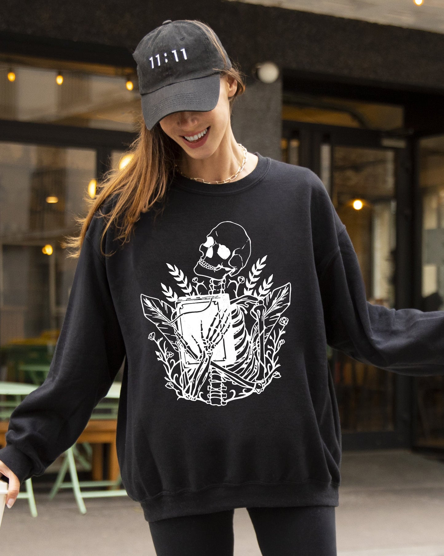 Reading Skeleton, Witch, Ghost, Skull, Spooky, Aesthetic, Meme, Halloween, Costume Sweatshirt