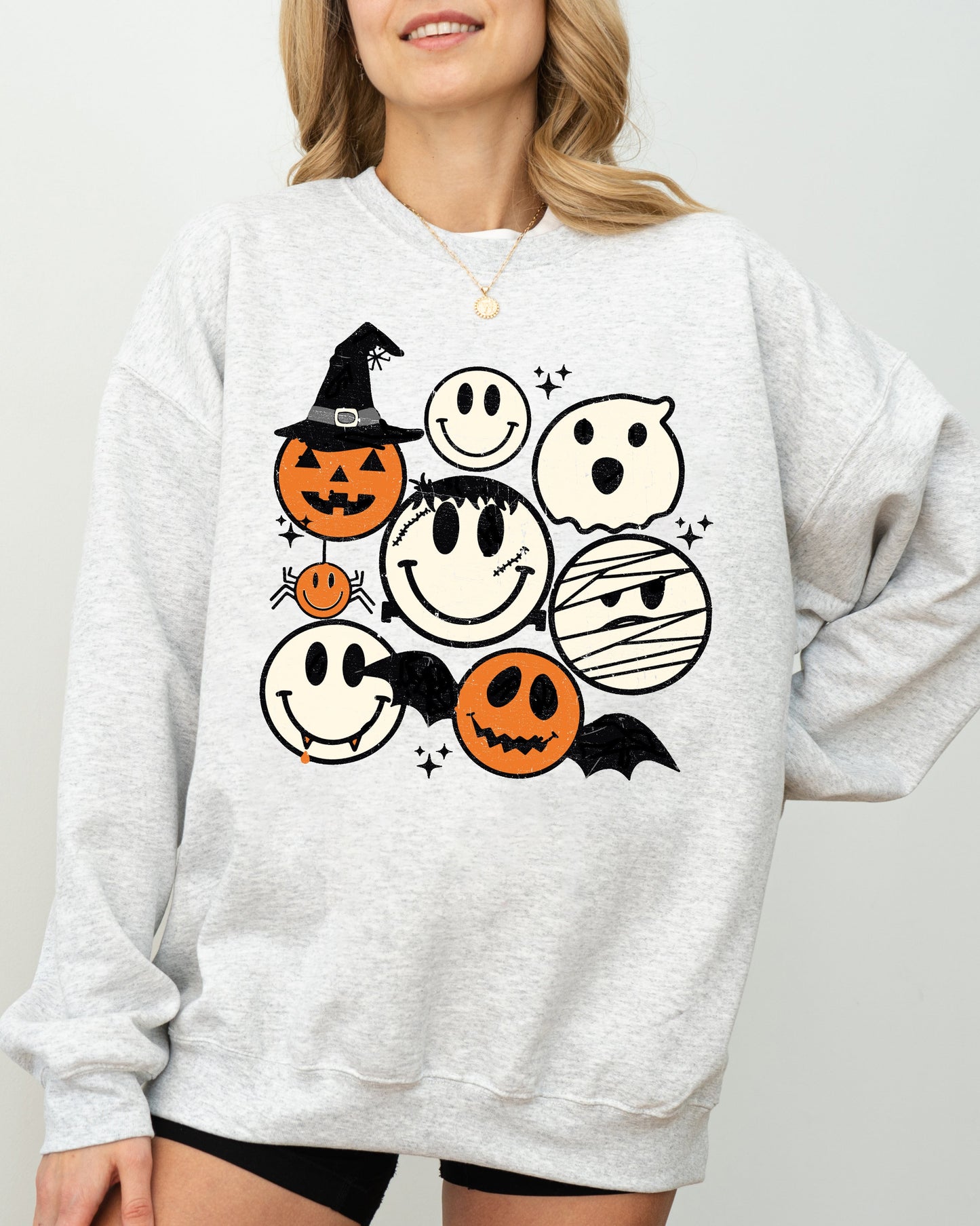Retro Spooky Faces, Skeleton, Witch, Skull, Aesthetic, Meme, Halloween, Costume Sweatshirt