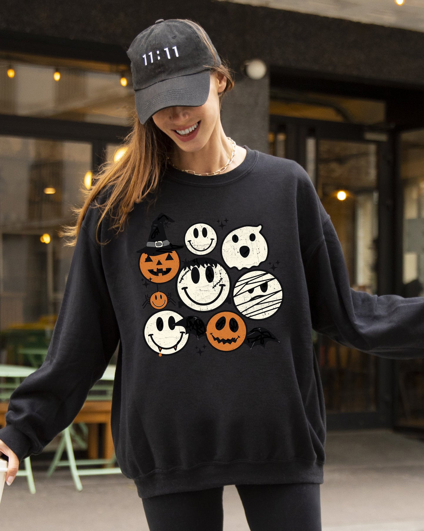Retro Spooky Faces, Skeleton, Witch, Skull, Aesthetic, Meme, Halloween, Costume Sweatshirt