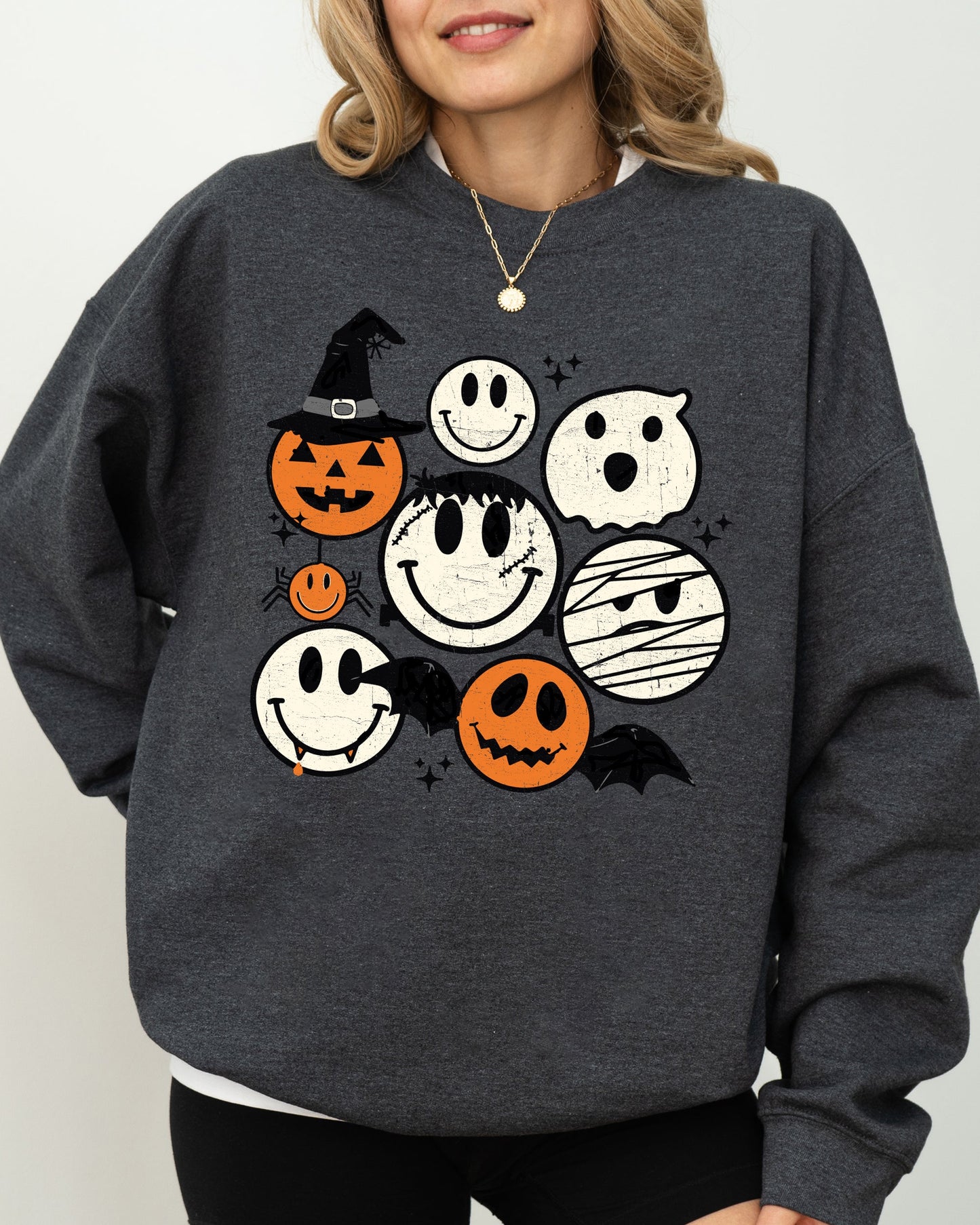 Retro Spooky Faces, Skeleton, Witch, Skull, Aesthetic, Meme, Halloween, Costume Sweatshirt