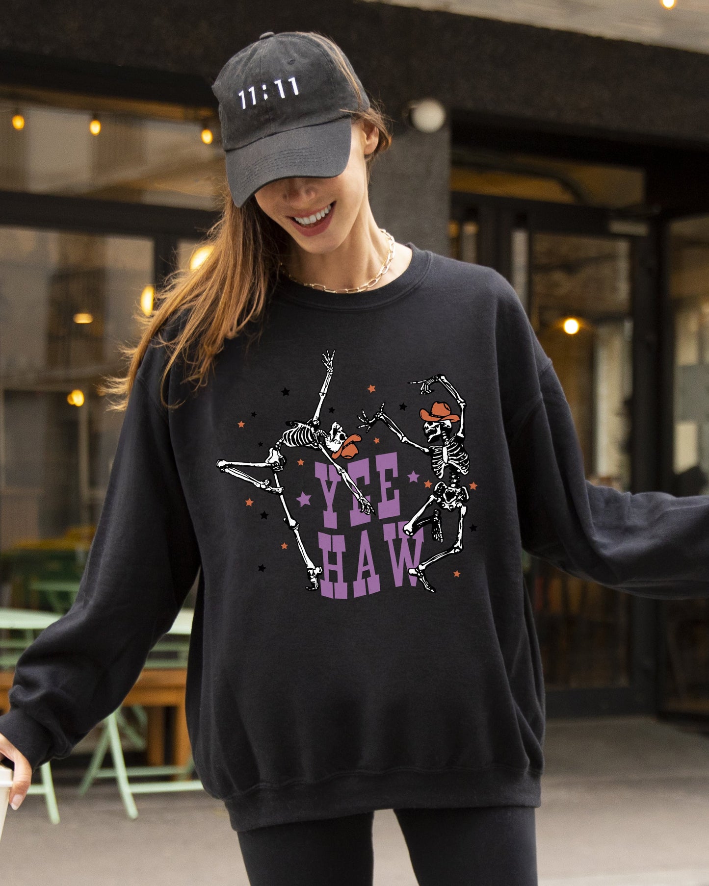 Yee Haw, Dancing Skeletons, Western, Witch, Skull, Aesthetic, Meme, Halloween, Costume Sweatshirt