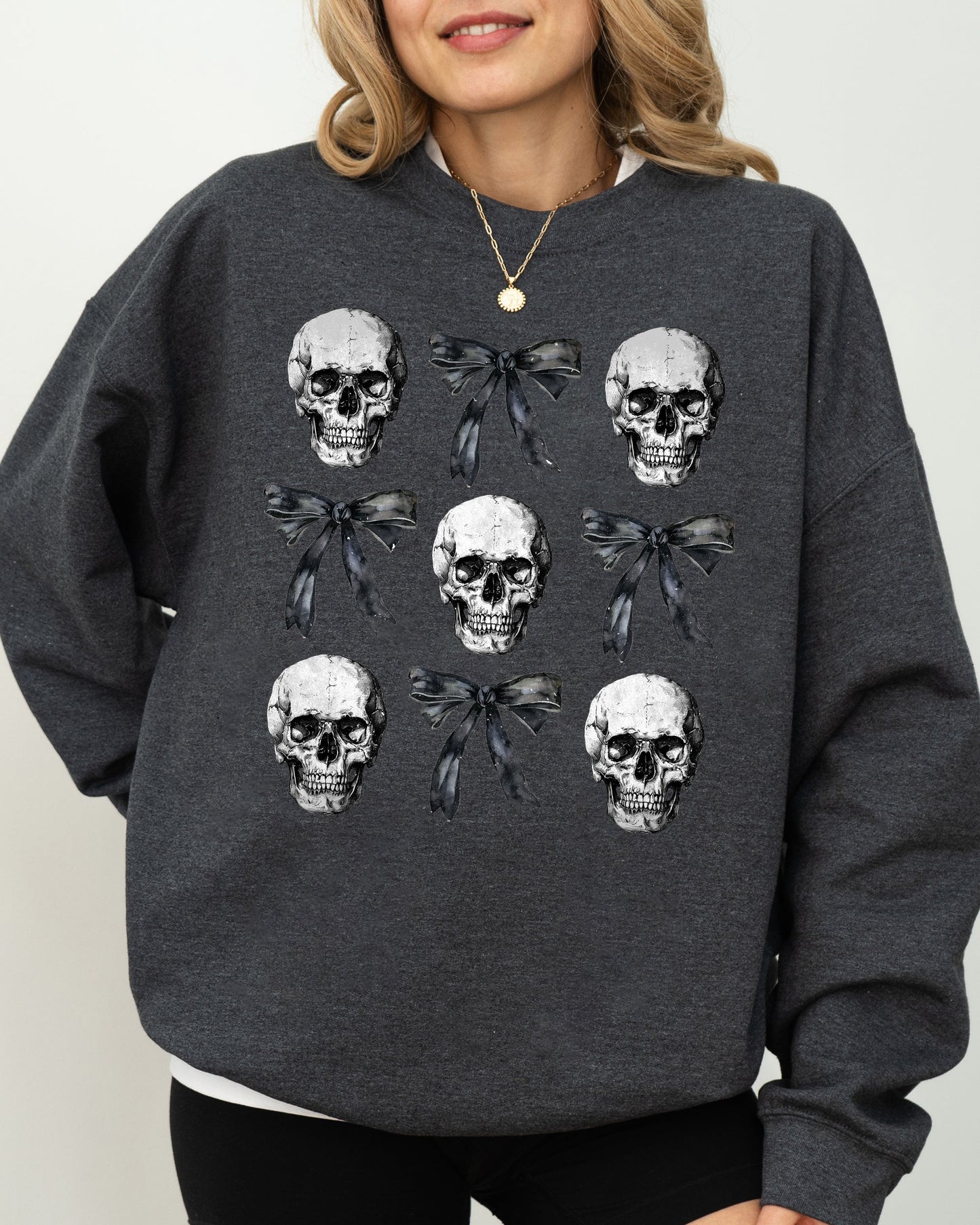 Halloween Costume Sweatshirt with Bows and Skulls, Skeleton, Ghost, Western, Witch, Aesthetic, Meme