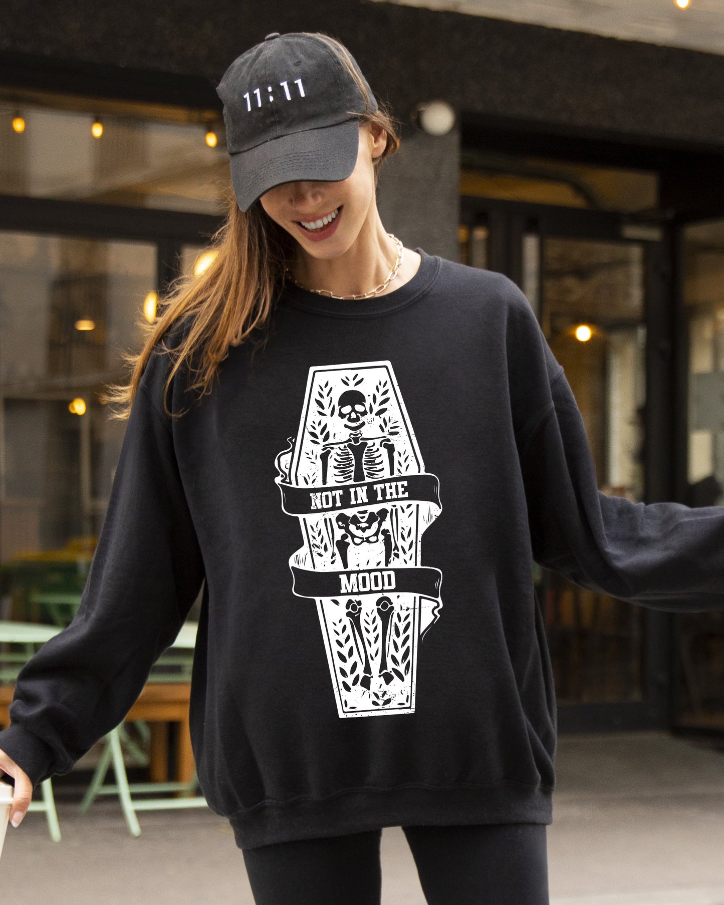 Not In The Mood, Coffin, Skull, Skeleton, Ghost, Western, Witch, Aesthetic, Meme, Halloween, Costume Sweatshirt