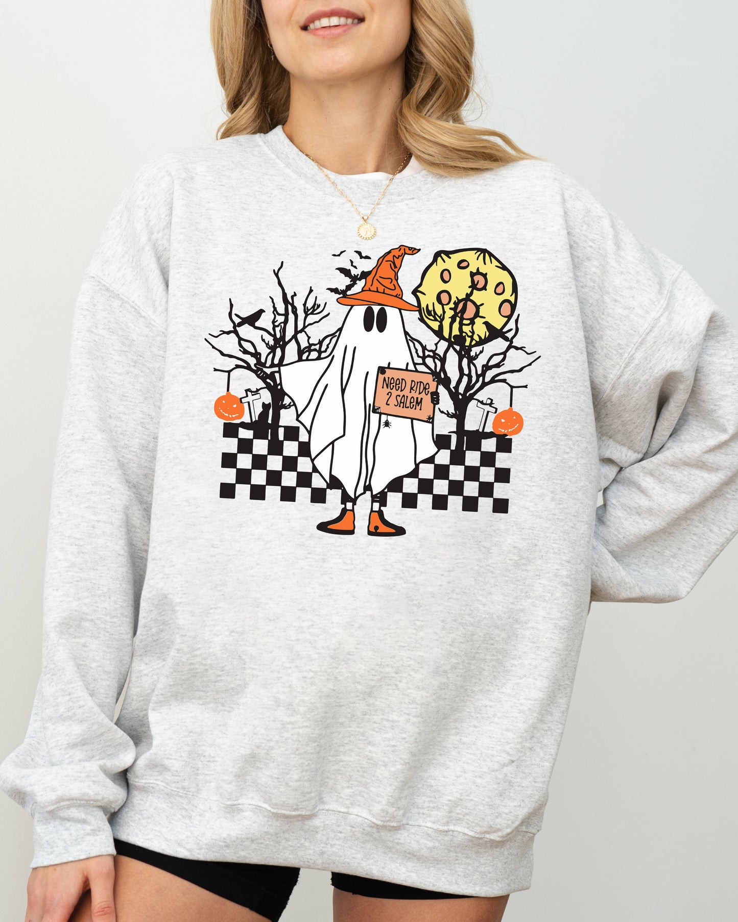 Need Ride to Salem, Ghost, Spooky, Scary, Skeleton, Skull, Western, Witch, Aesthetic, Meme, Halloween, Costume Sweatshirt